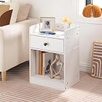 HOOBRO Nightstand with Charging Station, Wooden End Table with Drawer and Opening Shelf, Side Table with USB Ports and Outlets, BedsideTable for Bedroom, Night Stand Simple Style, White WT18UBZ01
