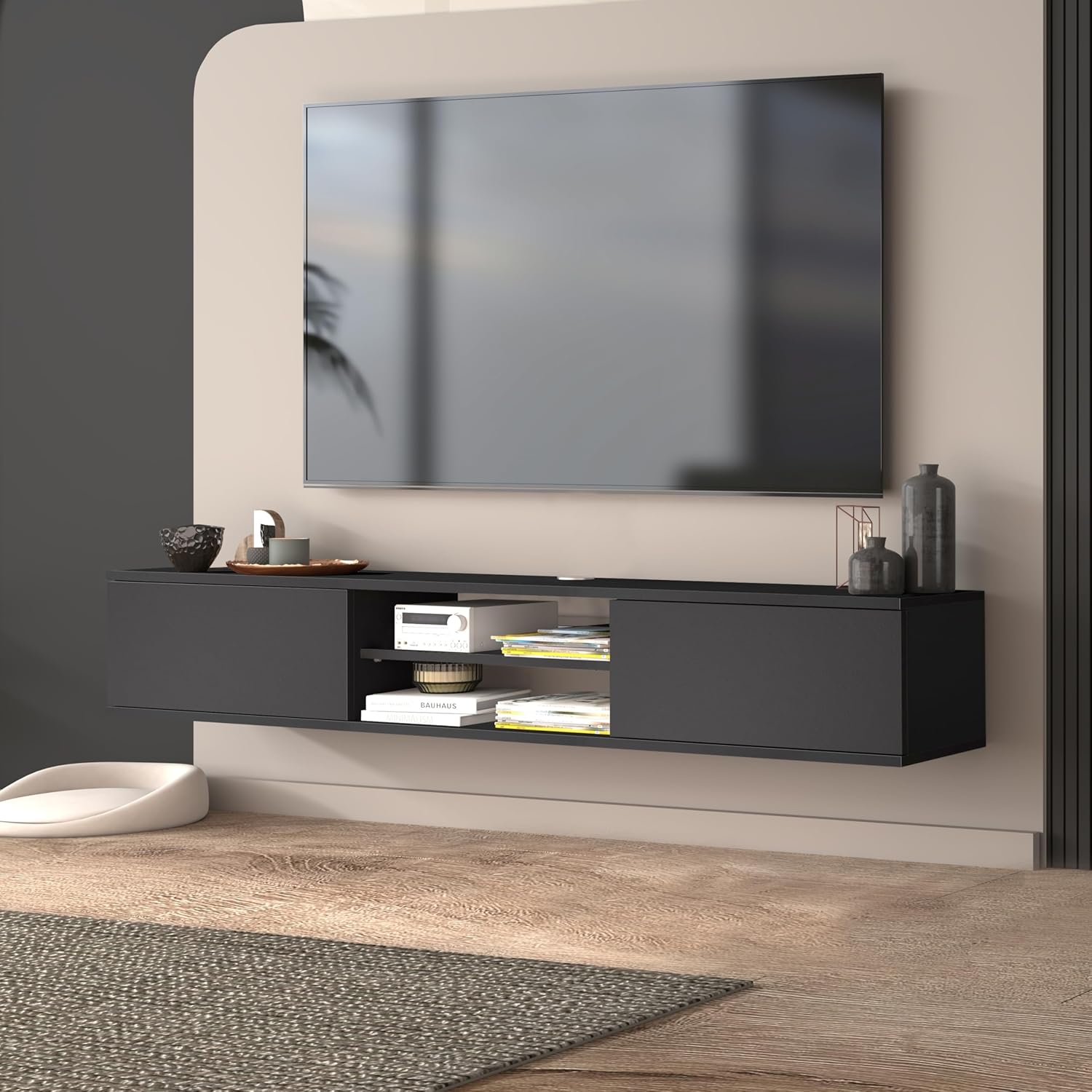 Grey Floating TV Stand Under TV Shelf, Wall Mounted Shelf, Modern Floating Entertainment Center, 71" Large Storage Media Console Wall Unit for Living Room,Bedroom (Gray)