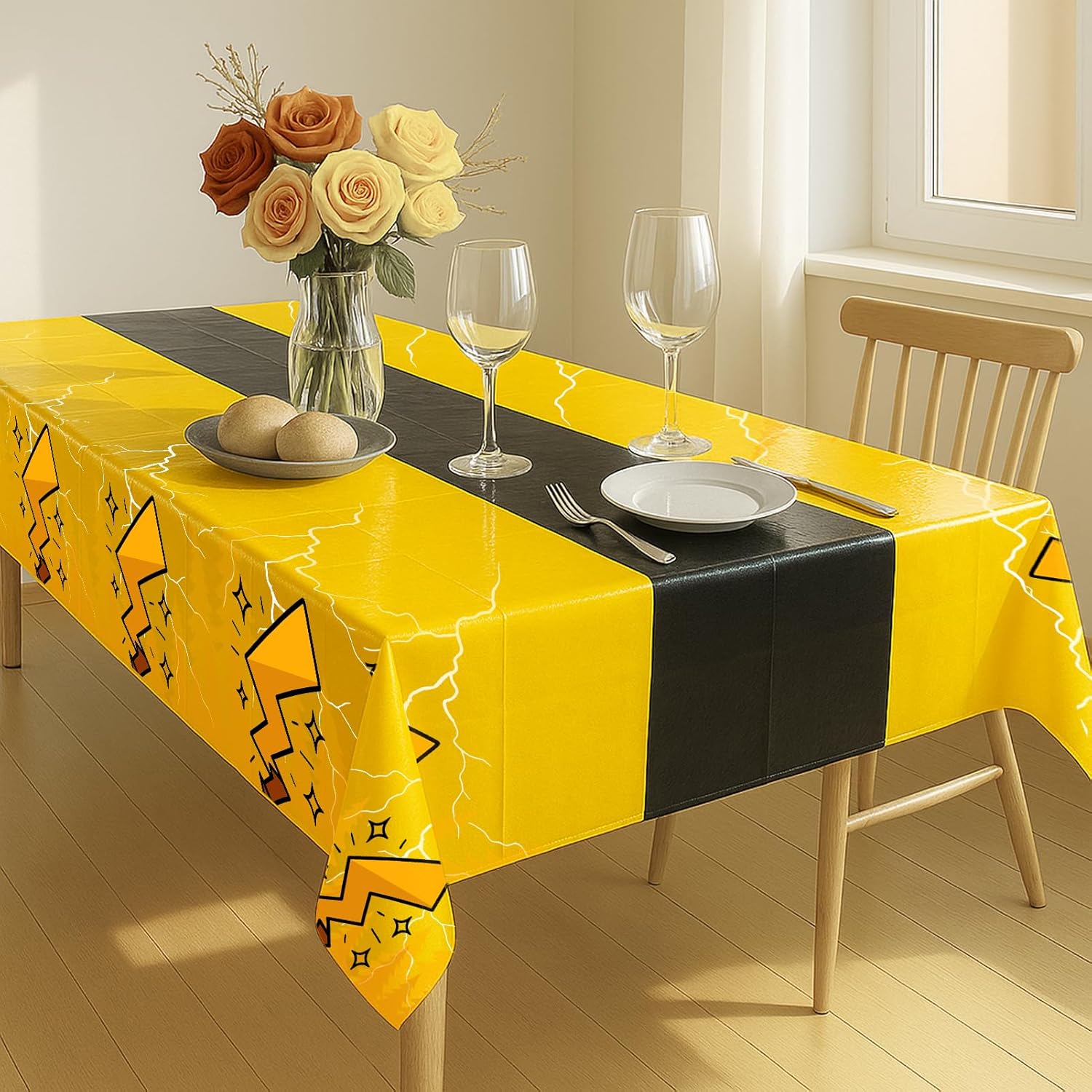 16Pcs 2in1 Yellow Cartoon Birthday Party Decorations Tablecloth, 54" x 108" Table Cloth Disposable Rectangle Plastic Table Cover for Kids Baby Shower Party Supplies