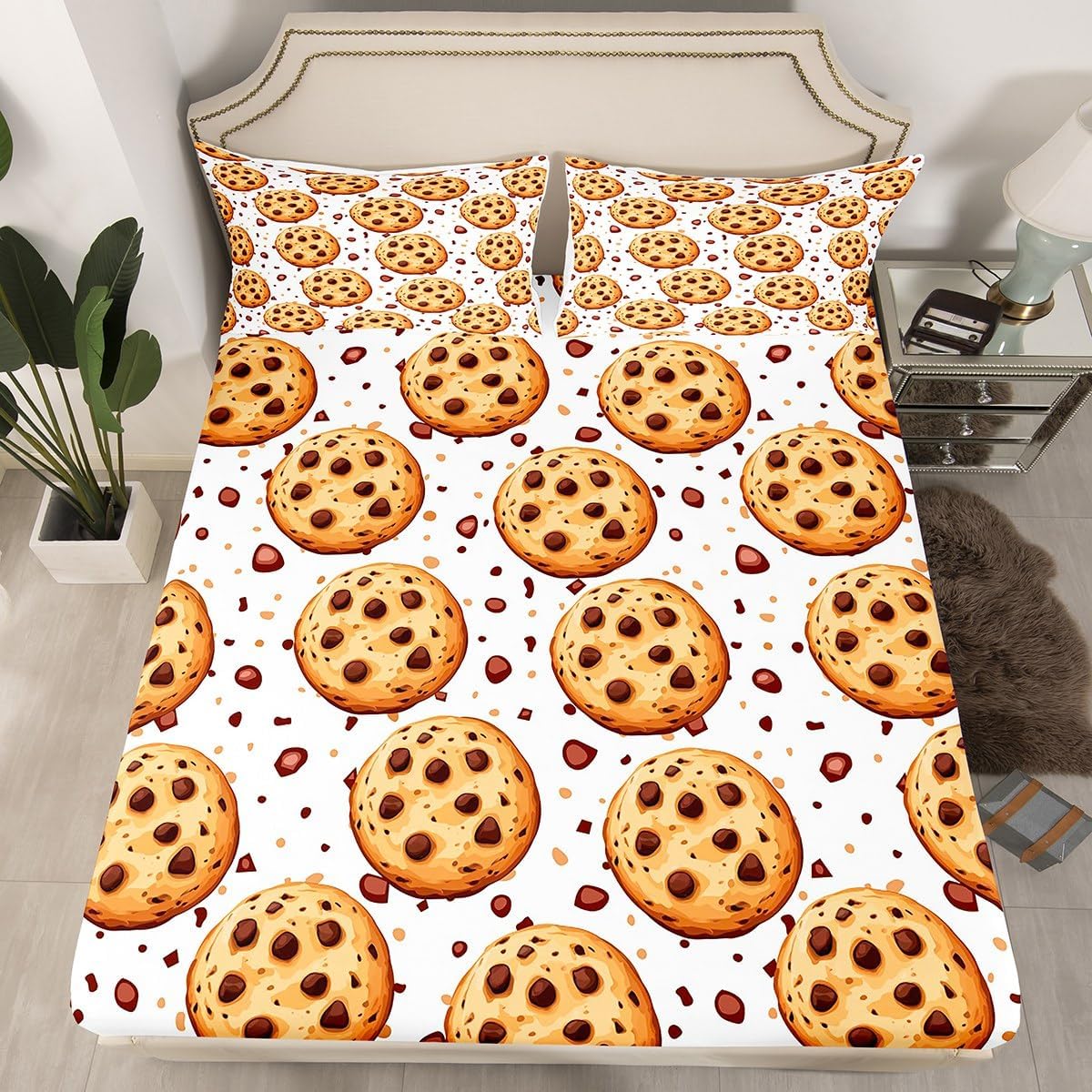 Erosebridal Chocolate Chip Cookies Bedding Set, Cartoon Dessert Flavours Pastry Bakery Food Design Sheet Set, Decorative 3 Piece Fitted Sheet with 2 Pillow Shams, Full Size, Brown White