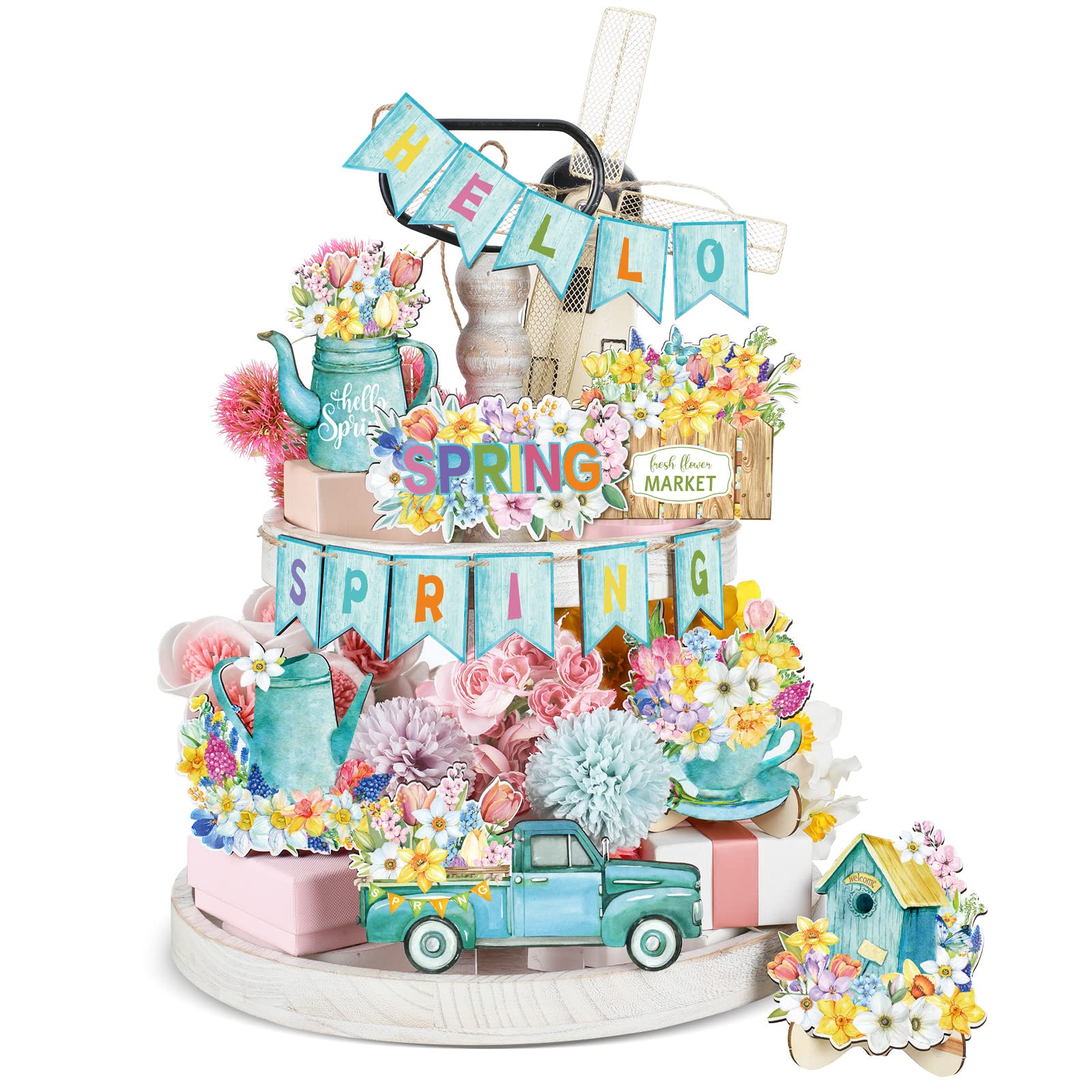 18 Pieces Hello Spring Tiered Tray Decor Easter Tiered Tray Decorations Fresh Flower Market Wooden 3D Sign Farmhouse Mini Spring Decor for Holiday Kitchen Home Easter Spring Party Decor(Null)