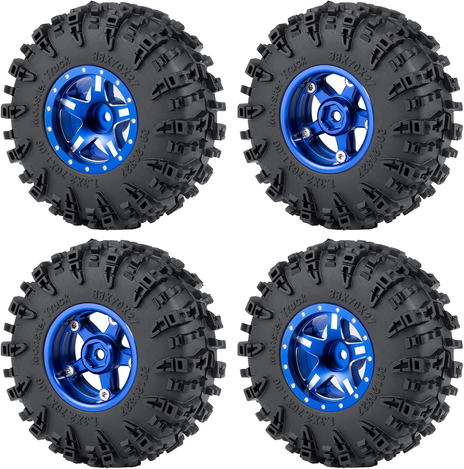 4PCS 1.3" Beadlock Wheel Tires Set Aluminum 1.3inch 5-Spoke Beadlock Wheel Hub Wheel Rim 7mm Hex ＆ 70mm/2.76inch Rubber Crawler Tires for 1/18 1/24 RC Crawler Car SCX24 TRX4M (Blue)
