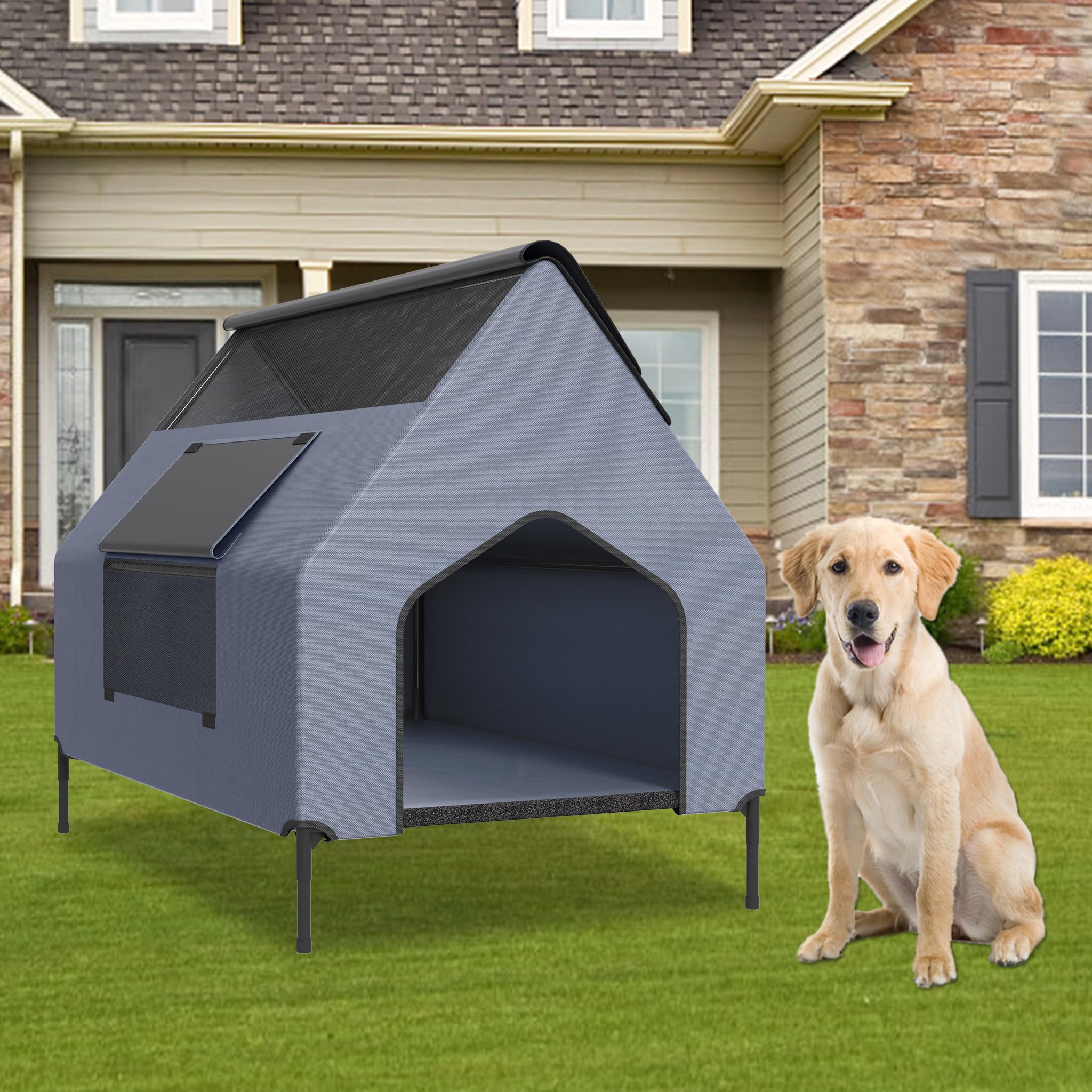 NAIZY Niche 2 en 1 pour chien - Taille L - 130 x 84 x 104 cm - Panier pour chien en tissu Oxford et maille respirante avec toit - Niche pour chien et chat - Abri pour animaux de compagnie