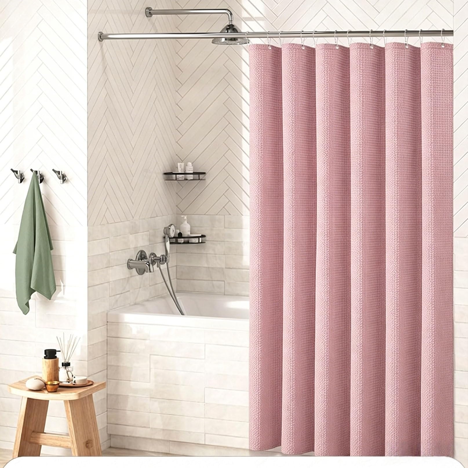 RCYONGQ Shower Curtain Polyester, Water Repellant Fabric, Waffle Bathroom Curtains Includes 12 Pcs Curtain Hooks, Quick-Drying, 230g/㎡ for Bathroom Wet Room Tub(Pink,180x180cm)