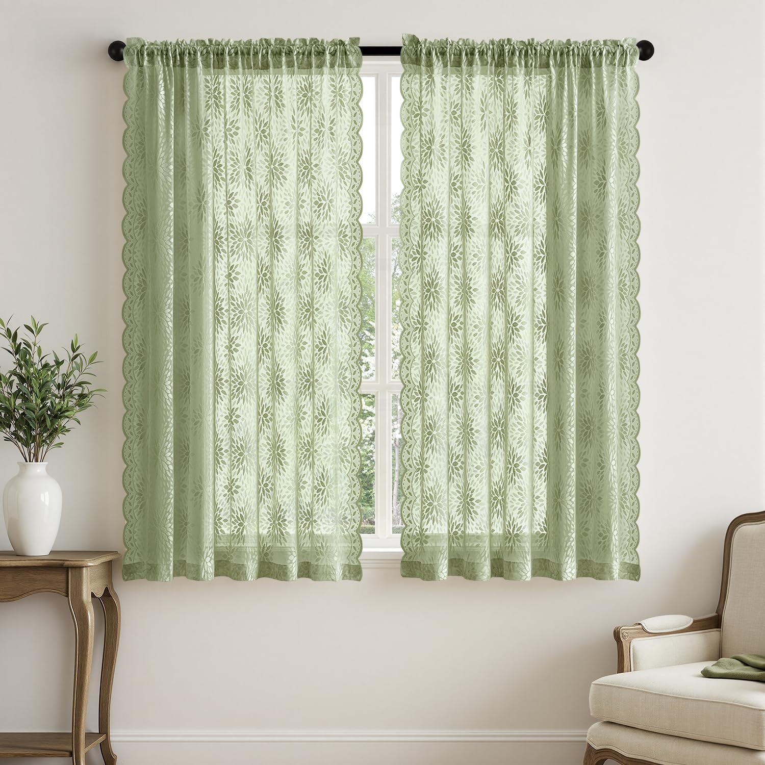 MIULEE Vintage Lace Curtains 63 Inches Long 2 Panels, Spring Victorian Floral Scalloped Short Semi Sheer Curtains Light Filtering Rod Pocket Panels for Bedroom Living Room, 52" W x 63" L, Sage Green