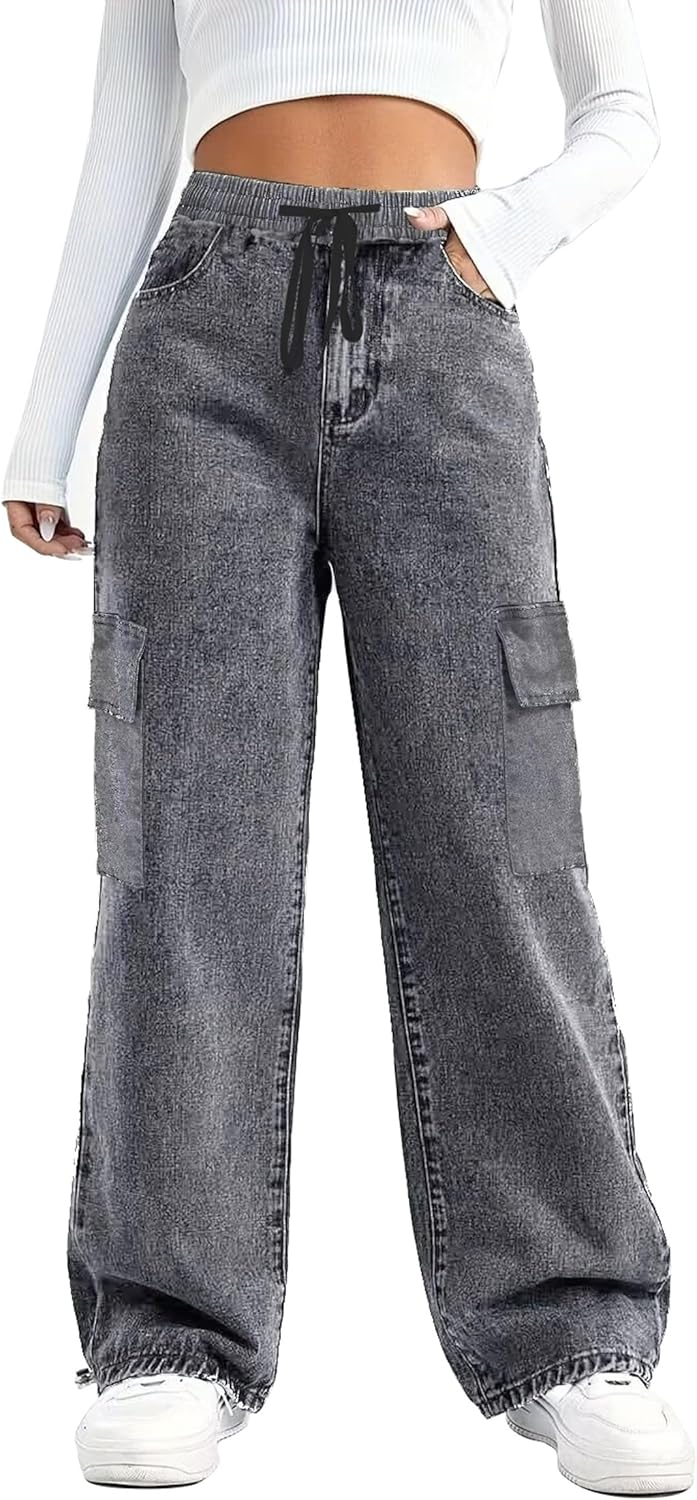 SESERAGI Straight Wide Leg Cargo Jeans Baggy Stretchy Elastic Waist Drawstring Casual Trousers Denim Pants Streetwear