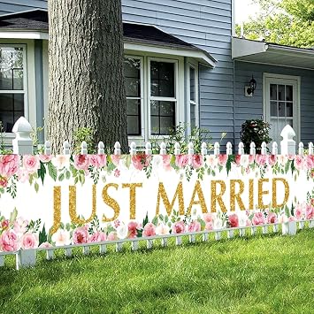 Just Married Wedding Backdrop Wedding Banner with 118 X 19.7 inch, Floral Bridal Shower Backdrop Banner Sign for Bridal Shower Wedding Engagement Party Decorations Photography Background