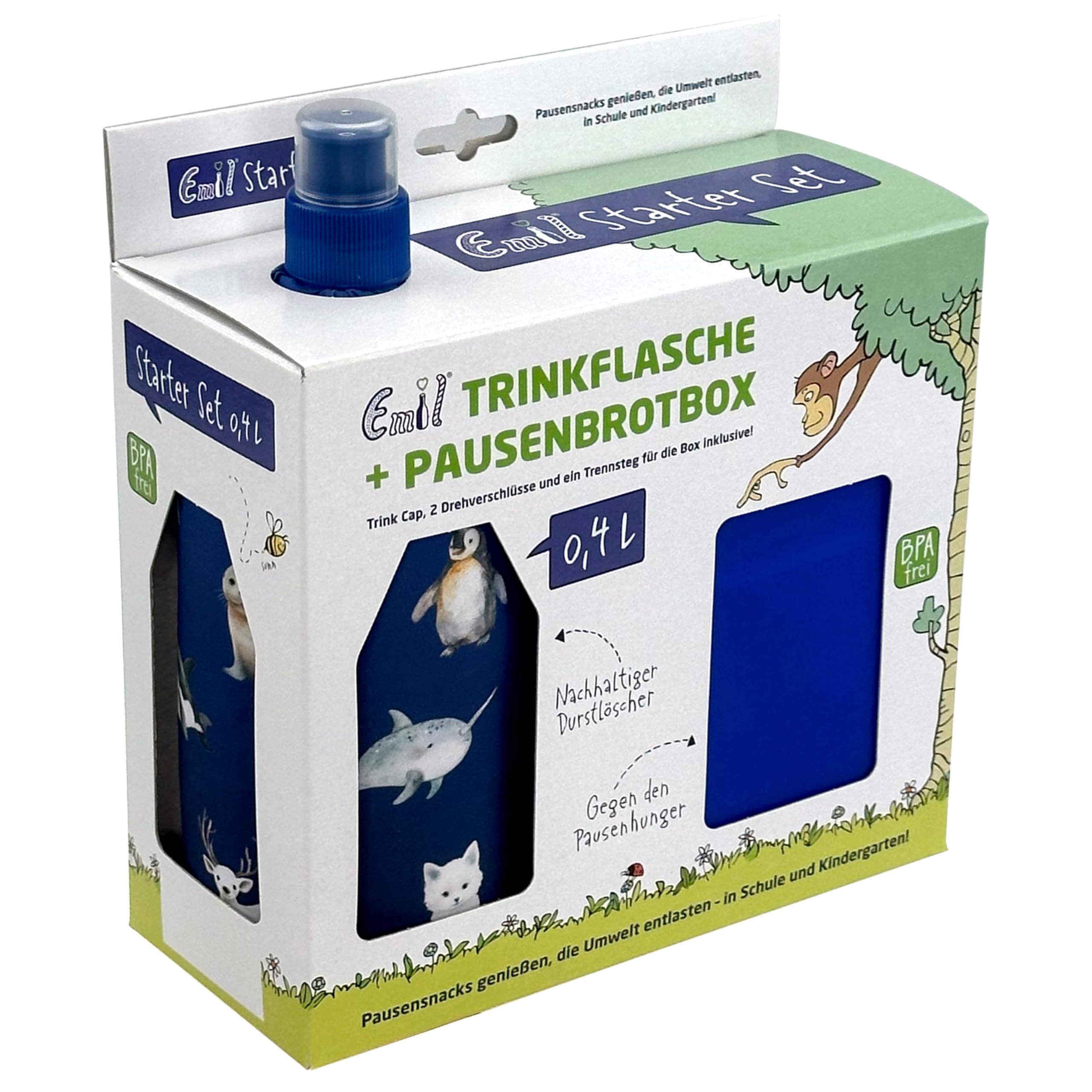 Emil Glas Trinkflasche Starterset Polarfreunde – mit Brotbox & 3 Verschlüsse, 0,3l oder 0,4l, isolierte Kinderflasche für Kita, Kindergarten & Schulstart, schadstofffrei (0,4l)