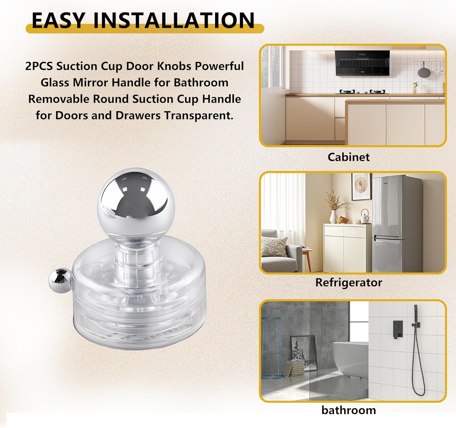 2PCS Powerful Suction Cup Door Knobs - No Drill Glass Mirror Handle for Bathroom, Removable Round Suction Cup Handle for Doors and Drawers, Transparent Design (Easy Installation)