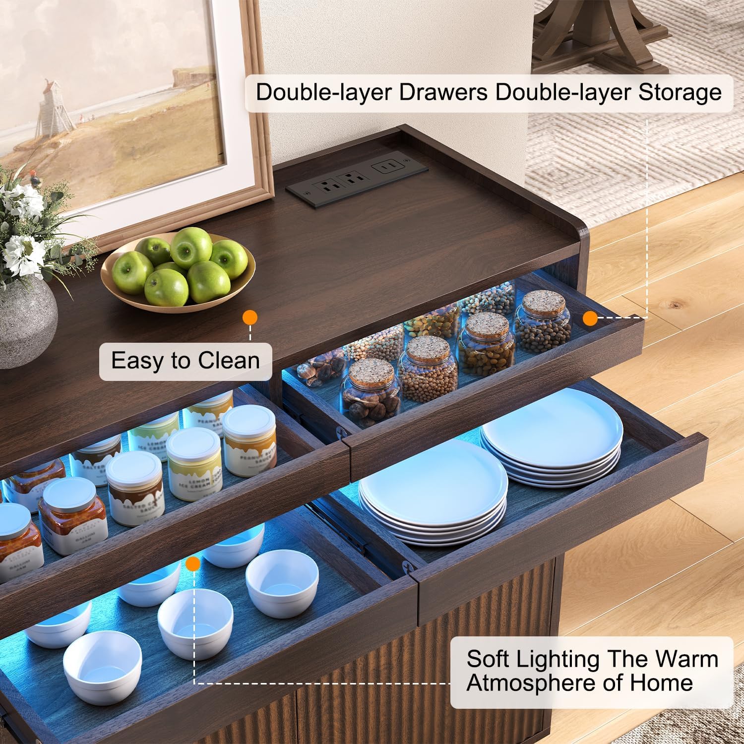 Fluted Buffet Cabinet with Storage, Modern Sideboard Credenza with LED & Anti-Drop Top Edge, 31.5" Walnut Coffee Bar Cabinet with 2 Drawers & Adjustable Shelves for Living Room (Individual Set)