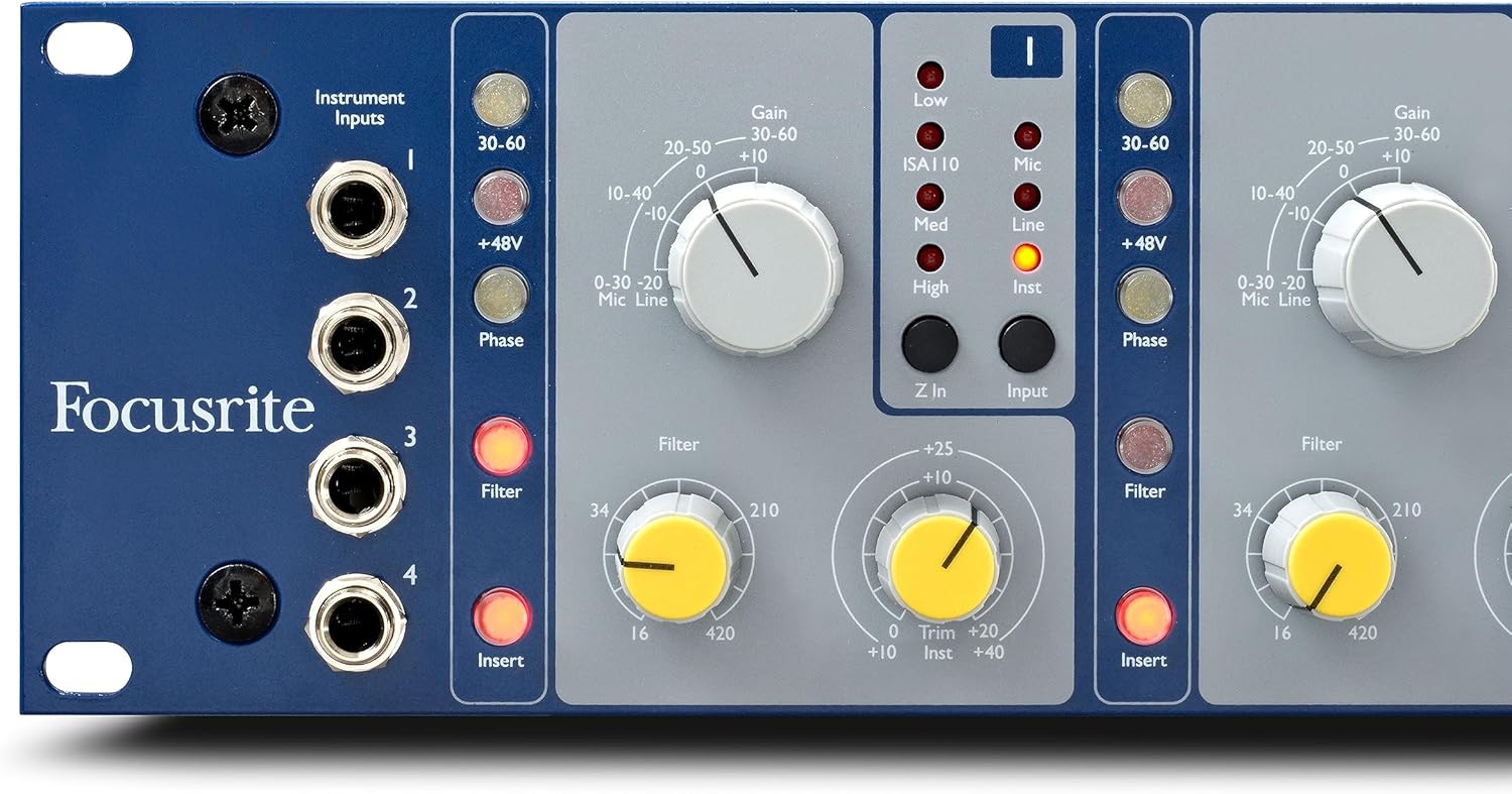 Avvicinamento view of the left side of the Focusrite ISA 428 MkII front panel, showing instrument inputs, gain, impedance, and filter controls for two channels.