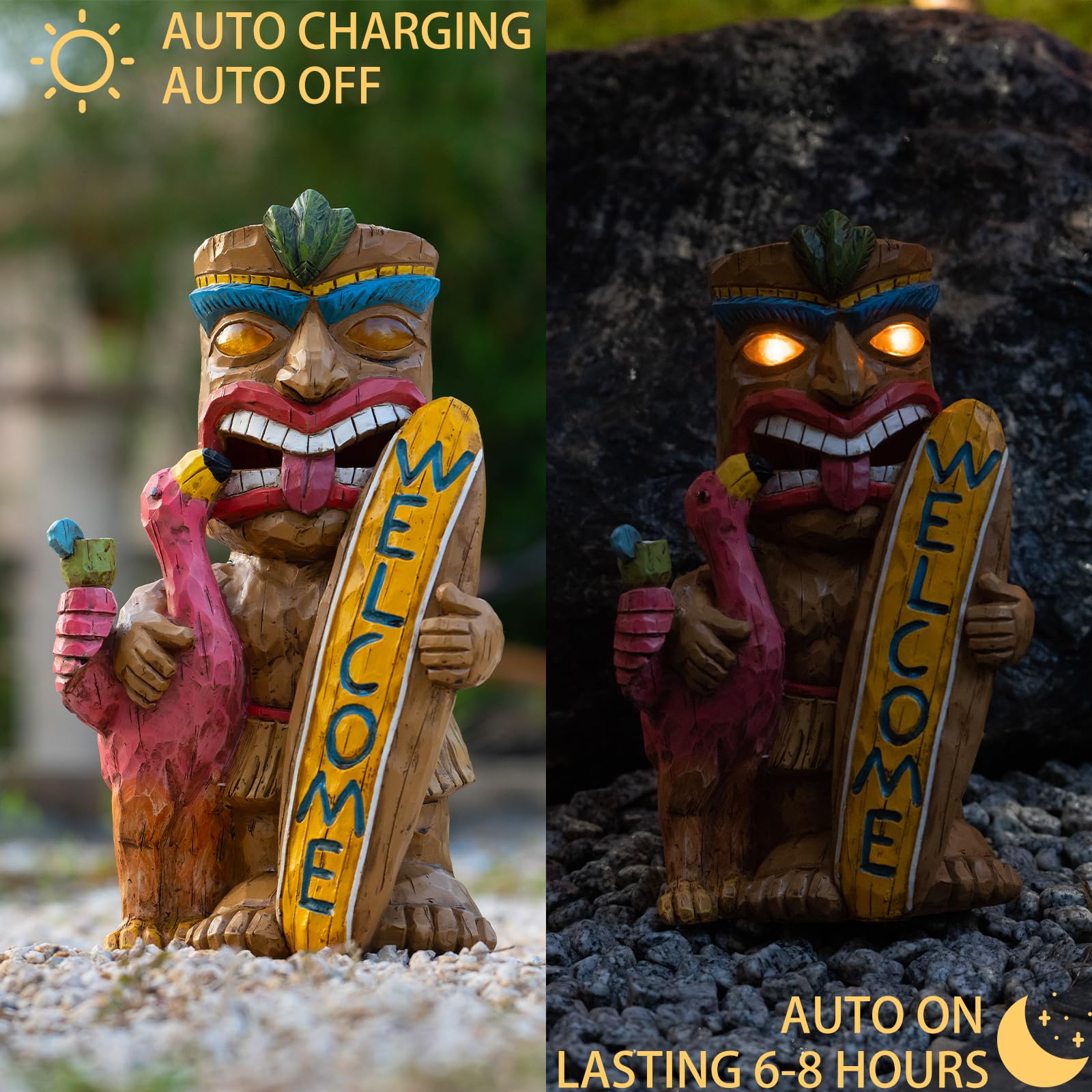 Solar Tiki Gartenstatue Outdoor Dekor mit Flamingo Wasserdichtes Willkommensschild für Tiki Bar, Terrasse, Balkon, Hof, Rasen, Haustürdekorationen, Gartengeschenk für Tiki-Mann