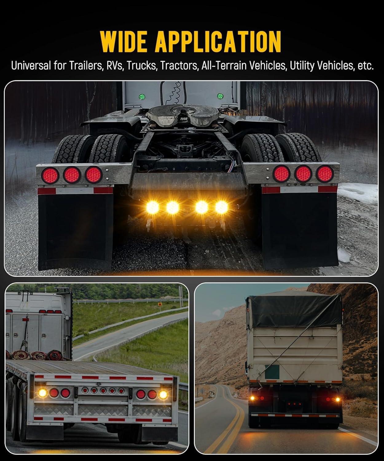 Partsam 4x 4 Inch Round Amber Strobe Lights 24 LED Trailer Truck Stop Turn Tail Light With Strobe and Solid Flash Mode Rubber Grommet 3-Prong Wire Pigtails, Amber Lens