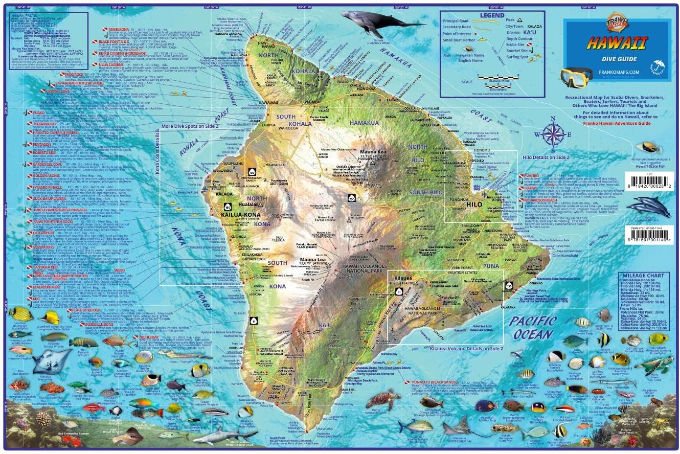 Hawaii "Big Island" Dive Map Laminated Poster