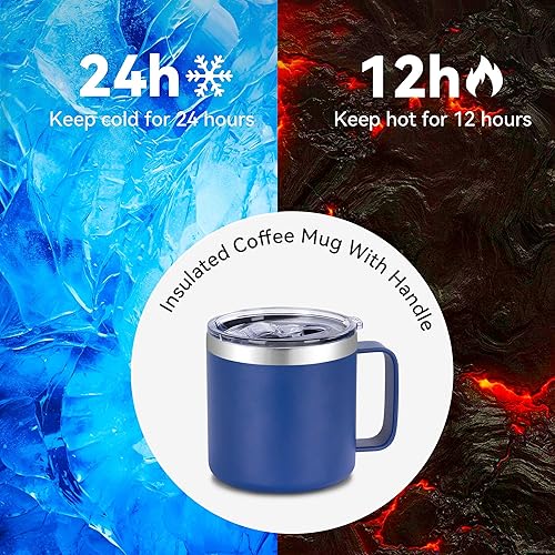 Miniatura 40 de VEGOND Taza de café aislada de 14 onzas con asa, taza de café de viaje de acero inoxidable con tapa, taza de café de metal al vacío de doble pared