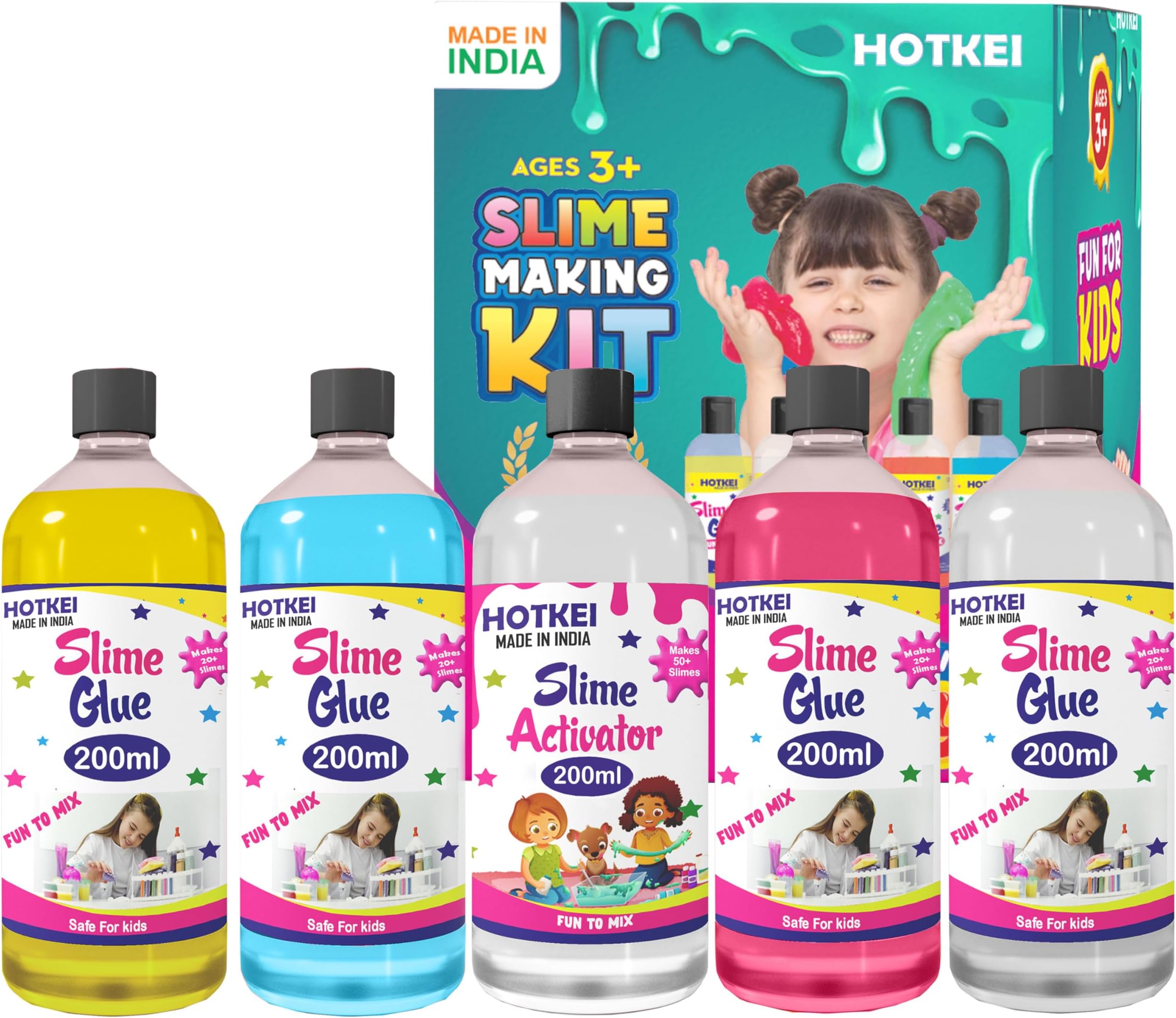 HOTKEI (Make 40+ slimes) Multicolor Scented DIY Magic Toy Slimy Slime Activator Glue Gel Jelly Putty Making kit Set Toy for Boys Girls Kids Slime Making Kit 4 Colored Glue 1 Activator 200 ml Each