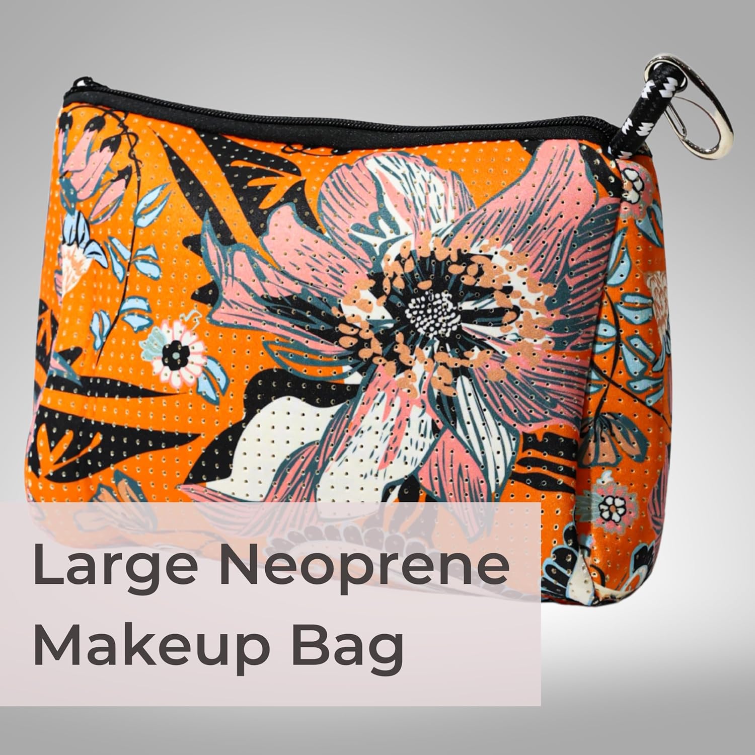 POPUPS Brand Large Makeup Bag with Zipper - Neoprene Machine Washable Travel Toiletry Cosmetic Organizer Pouch for Women (Print Blossom Orange) - Image 2