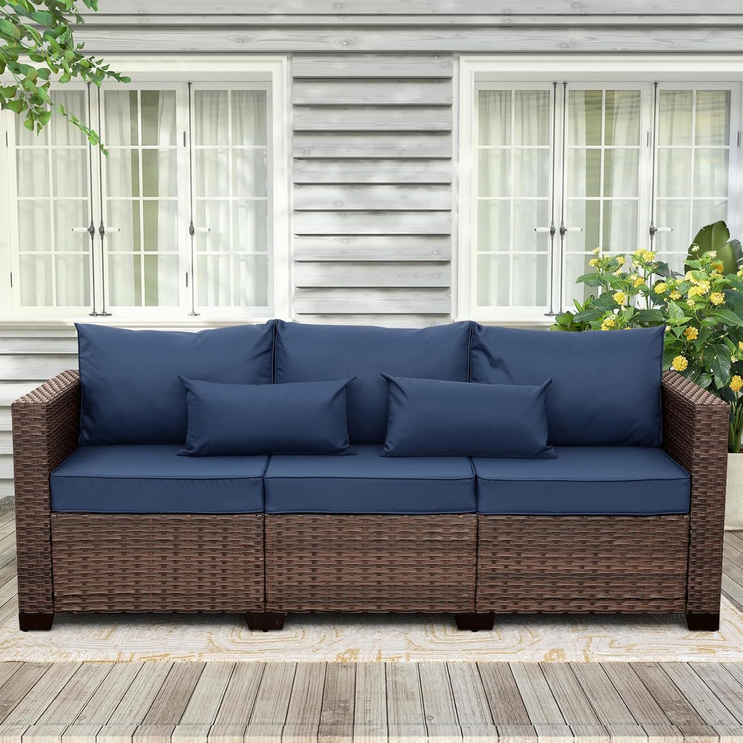 Patio Furniture Outdoor Couch 3 Seater Sofa Outdoor Brown Wicker Sofa Deep Seat High Backrest Patio Couch with Non-Slip Cushions and Waterproof Cover, Navy Blue