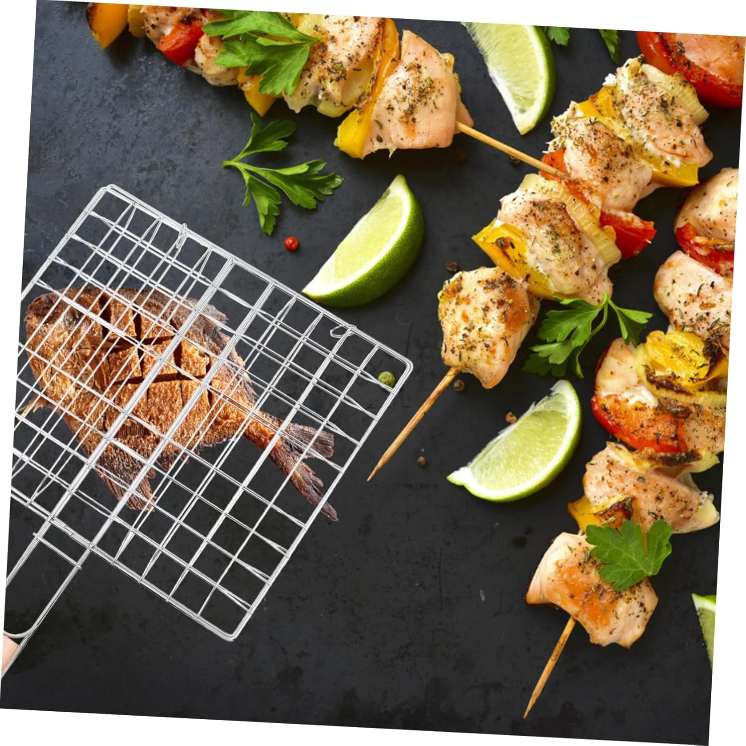 MERRYHAPY Portable Folding Barbecue Net Clamp 15.35 Inch Grill Rack for Outdoor Cooking Camping BBQ Gatherings Grilling Tool