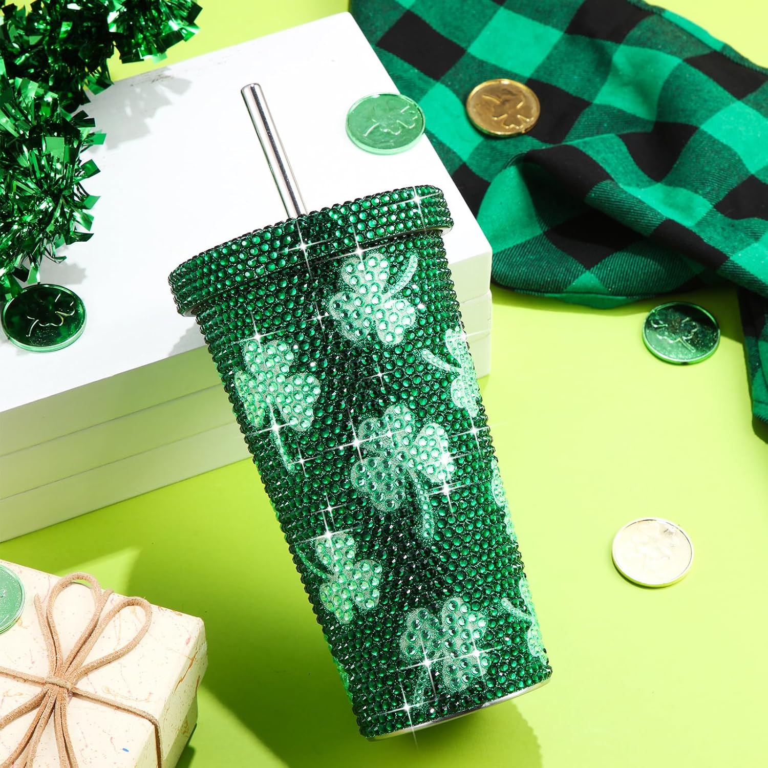 Domensi 17 oz Bling Diamond Tumbler Shamrock Print Rhinestone Cup Vacuum Insulated Mug for Women Girl Friend St Patricks Day Birthday Teacher Appreciation Gift (Adorable Shamrock) - Image 4