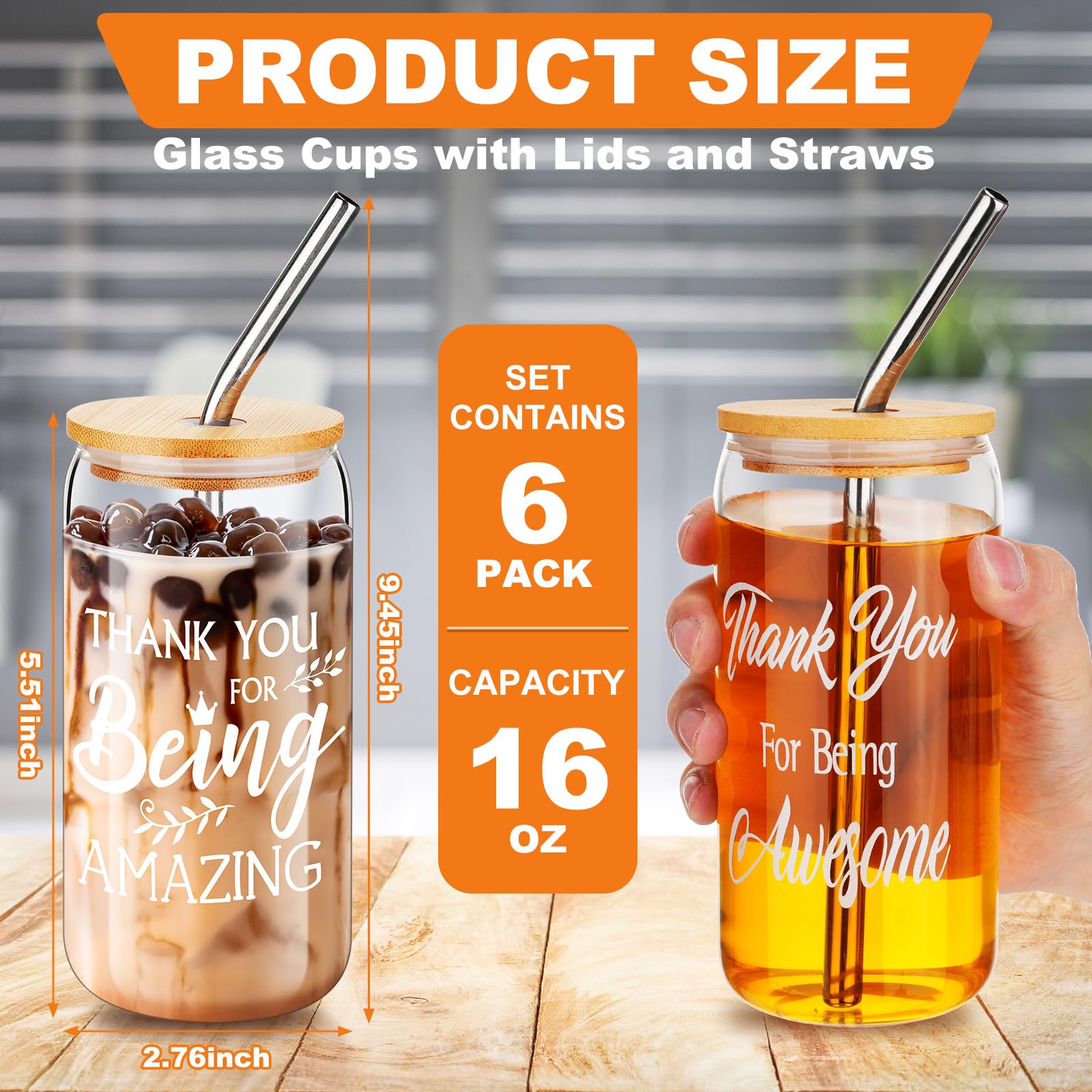 Inbagi 6 Pcs Thank You Gifts Glass Cups 16oz Coffee Glass Cups with Bamboo Lids and Straws Inspirational Glass Coffee Mugs Inspirational Drinking Jars Inspirational Gifts for Coworker Teacher
