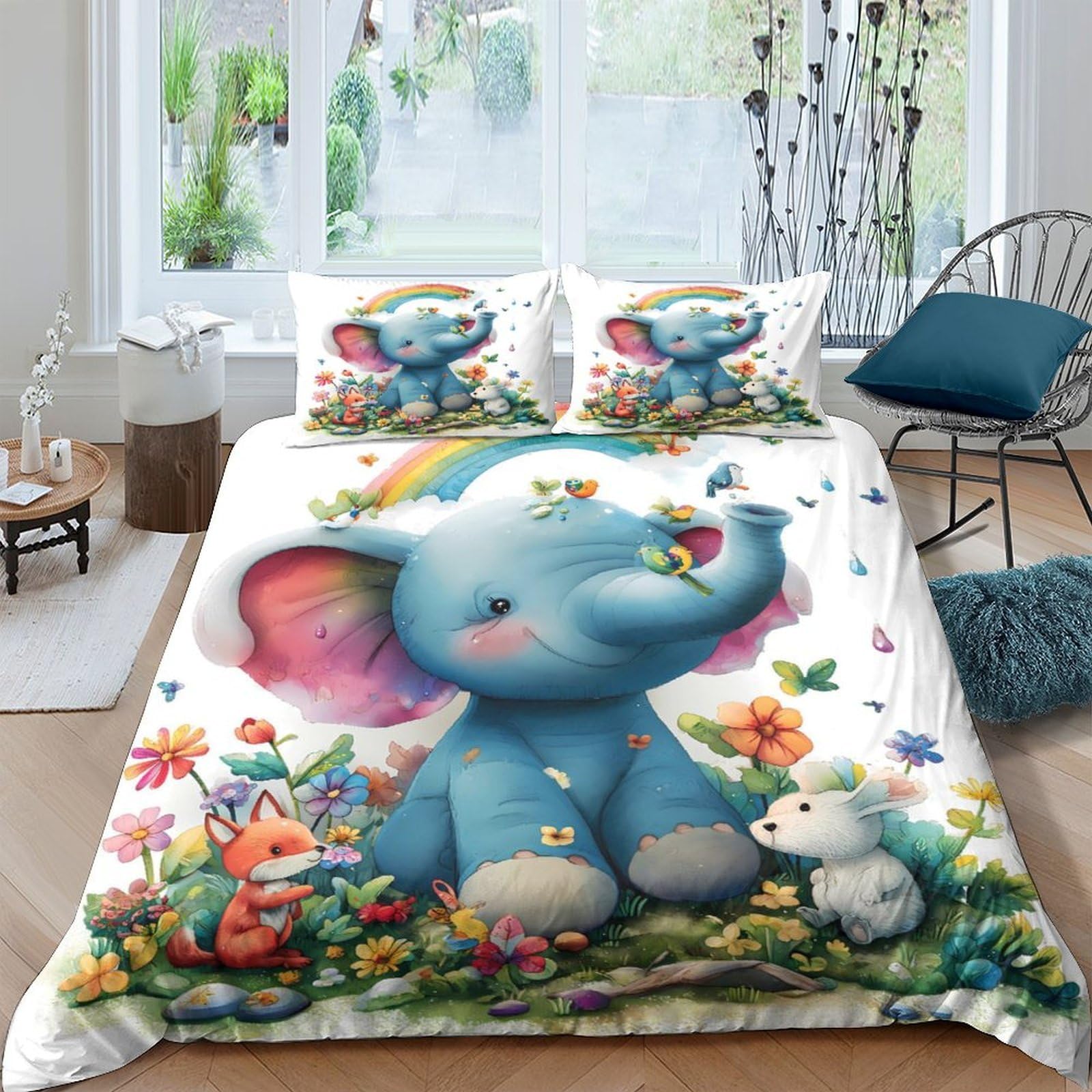 GPLZQXKJNH 3D Printed Cartoon Elephant Duvet Cover Microfiber Soft Rainbow Animal Bedding Set with 2 Pillowcases for Bedroom Decor Single（135x200cm）