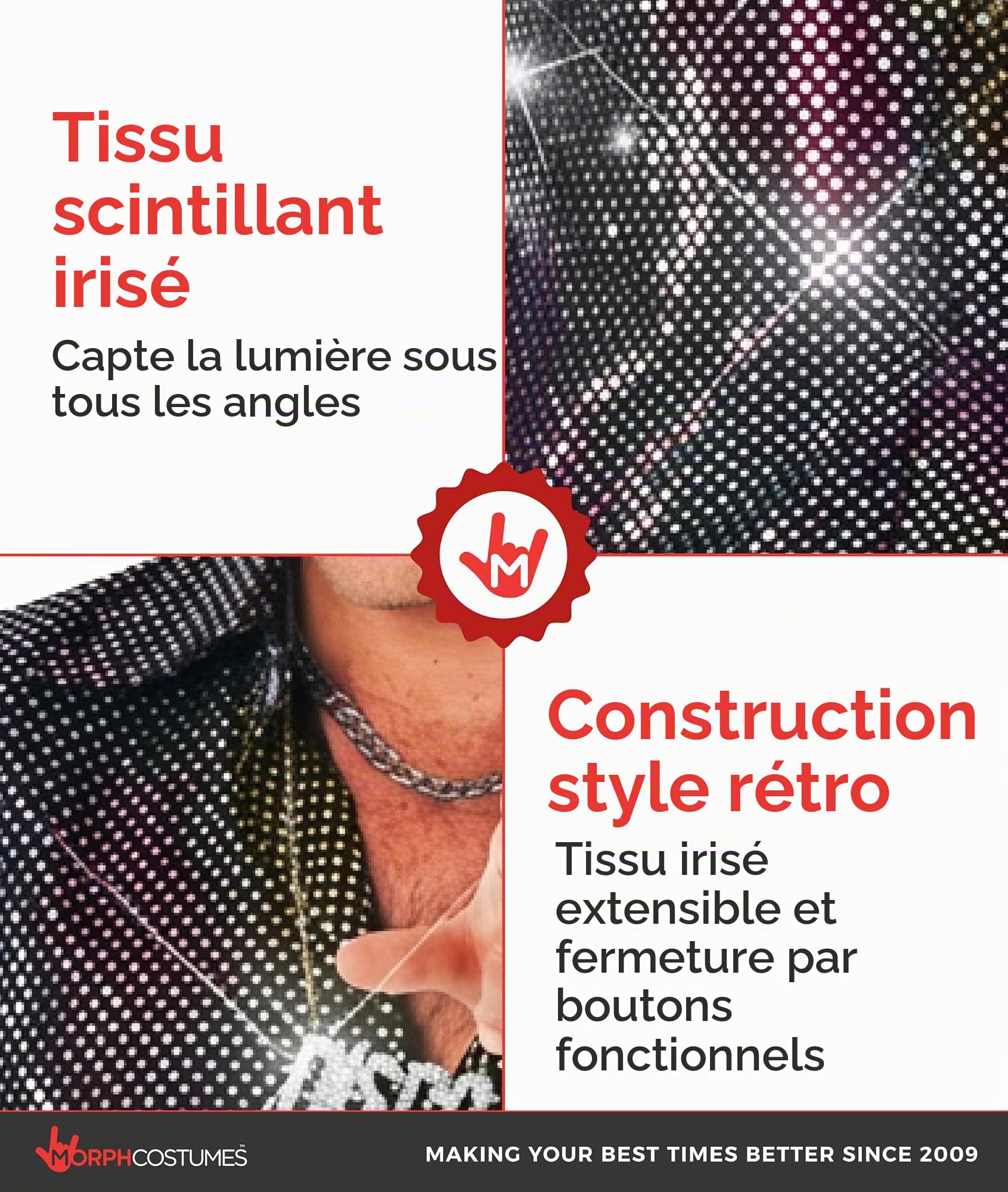 Morph Chemise Homme Disco, Paillettes, Déguisement Années 80, Costume Carnaval Homme