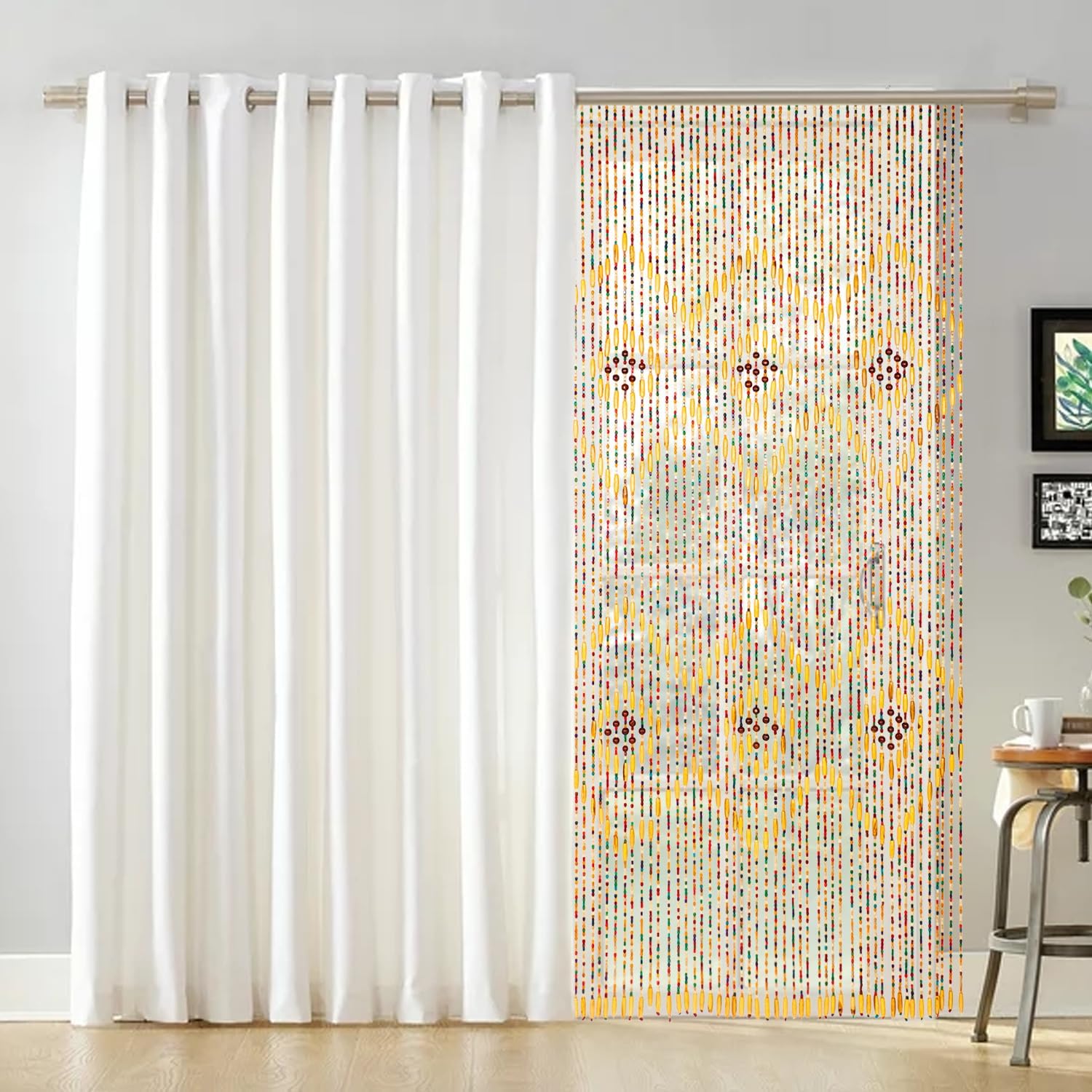 Rideau de Porte en Bambou avec Perles, 52 Fils de Rideaux en Perles pour Encadrements de Porte, Rideau de Porte Moustiquaire en Perles de 90x200cm, Rideau en Perles Diviseur de Porte Fait Main