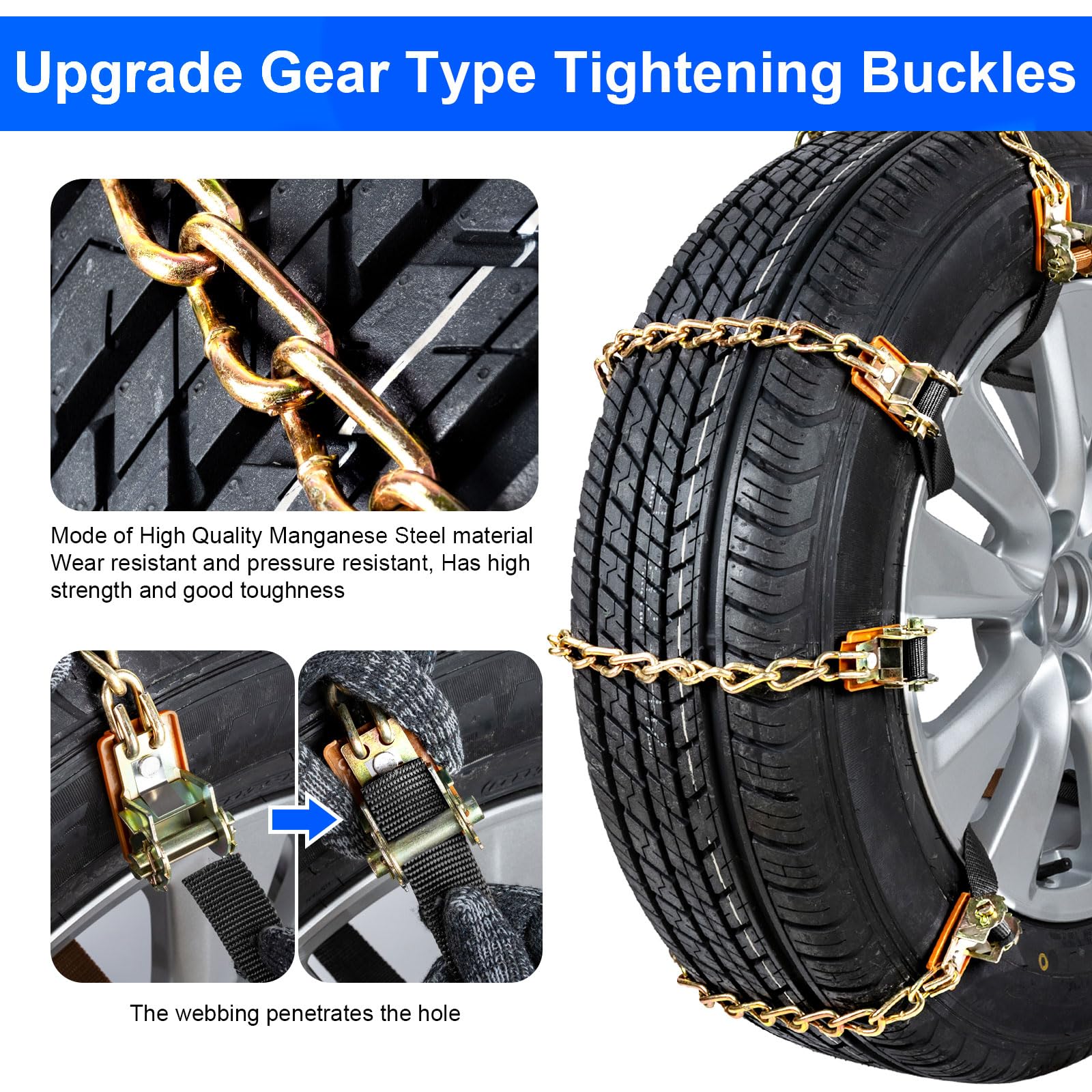 Ninonly Cadenas de Nieve Universales 8 Pcs Cadenas Nieve Universales Coche Nieve para Llantas para Cualquier Ancho de Llantas de 165-265 mm (Amarillo) (Apriete la hebilla)