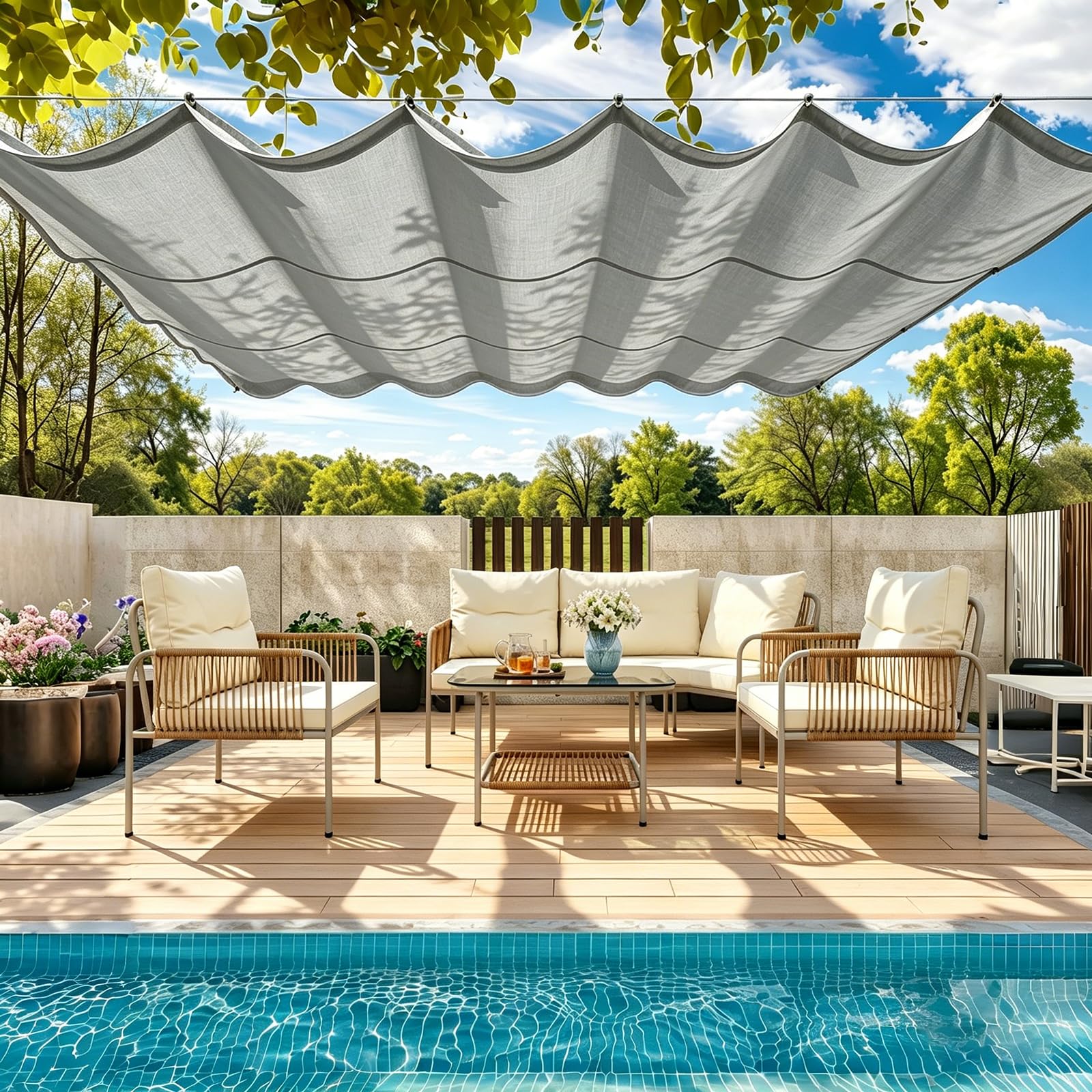 Retractable Wave Shade Cloth 300 x 505 cm Pes Polyester, Waterproof 98% UV Block, Wind and Tear Resistant, Rectangle Awning Canopy with Eyelets and Rope for Deck Swimming, Light Grey