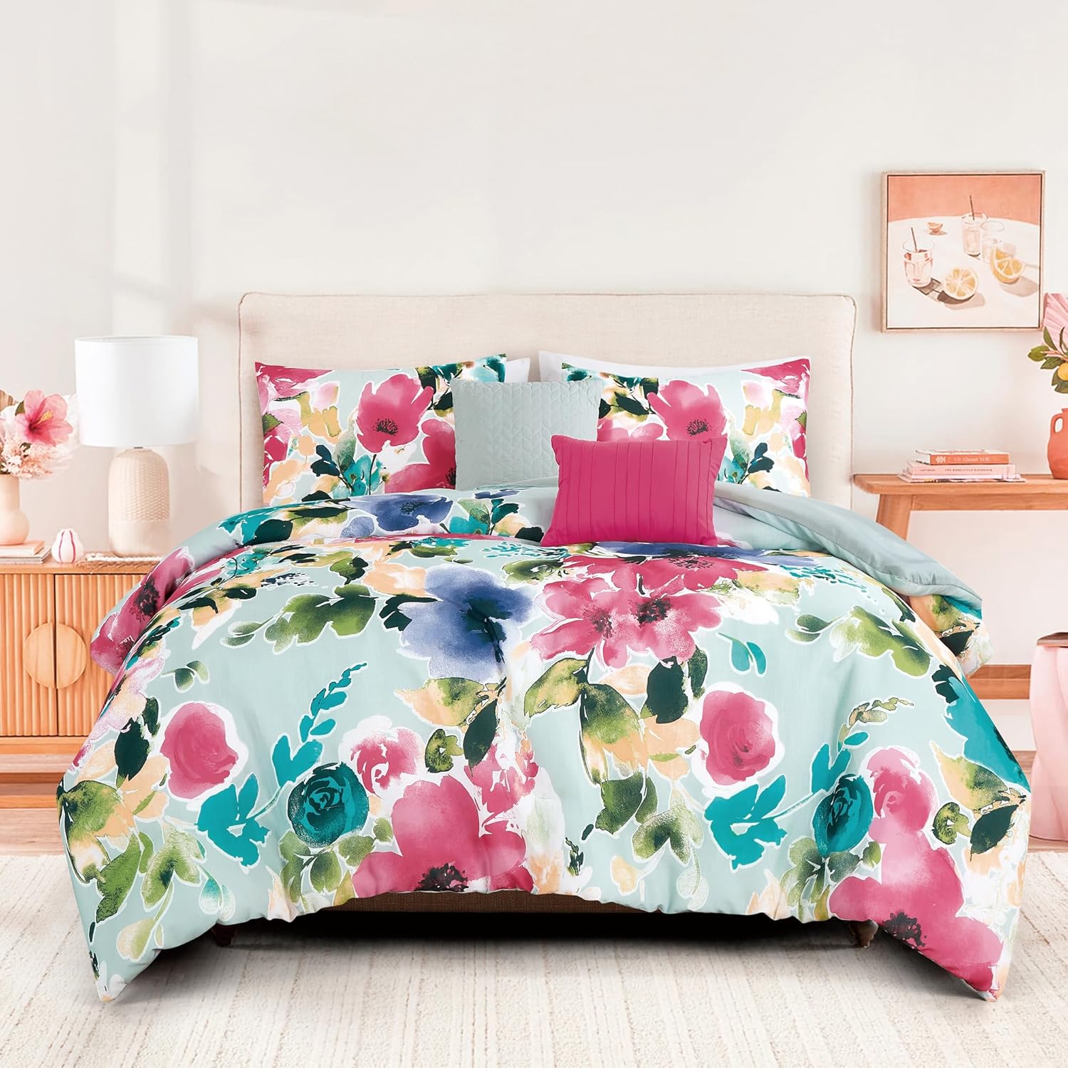 ESCA Floral Comforter Set Twin/Twin XL Size Savana 5-Pieces Pink Slub Bedding Set