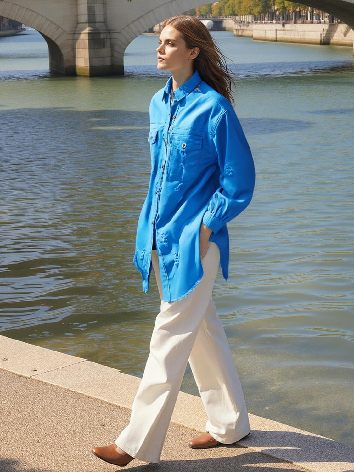 Women's Oversized Denim Jacket Jean Jacket Long Sleeve Casual Denim Shirt for Spring Fashion - Image 3