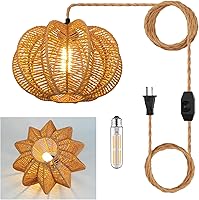 Tebio Boho Cactus Rattan Pendant Light - Plug-in Dimmable Hanging Lamp w/15FT Hemp Cord & LED Bulb, 11x7in for Living Room Bedroom