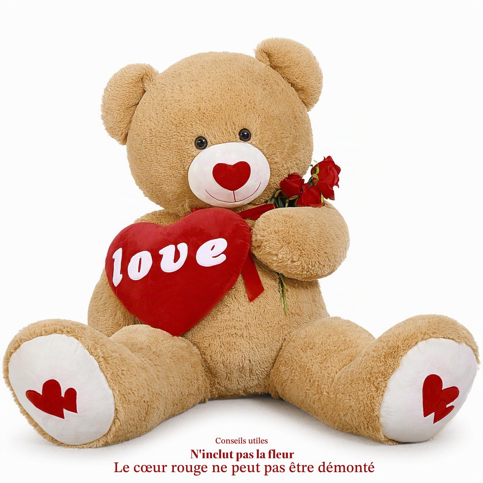 MorisMos 130cm Nounours Géant avec Cœur Rouge, XXL Brun Ours en Peluche Geant, Grosse Douce Teddy Bear Jouet Grand Mignonne Cadeau pour Enfant Petite Amie Anniversaire Noël Deco