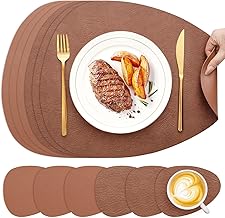 Placemats and Coasters, Oval Placemats Set of 6 Washable Double-Sided Two-Tone Leather Placemats, Non-Slip Placemats Easy to Clean (Khaki/Khaki, Oval Set of 6)