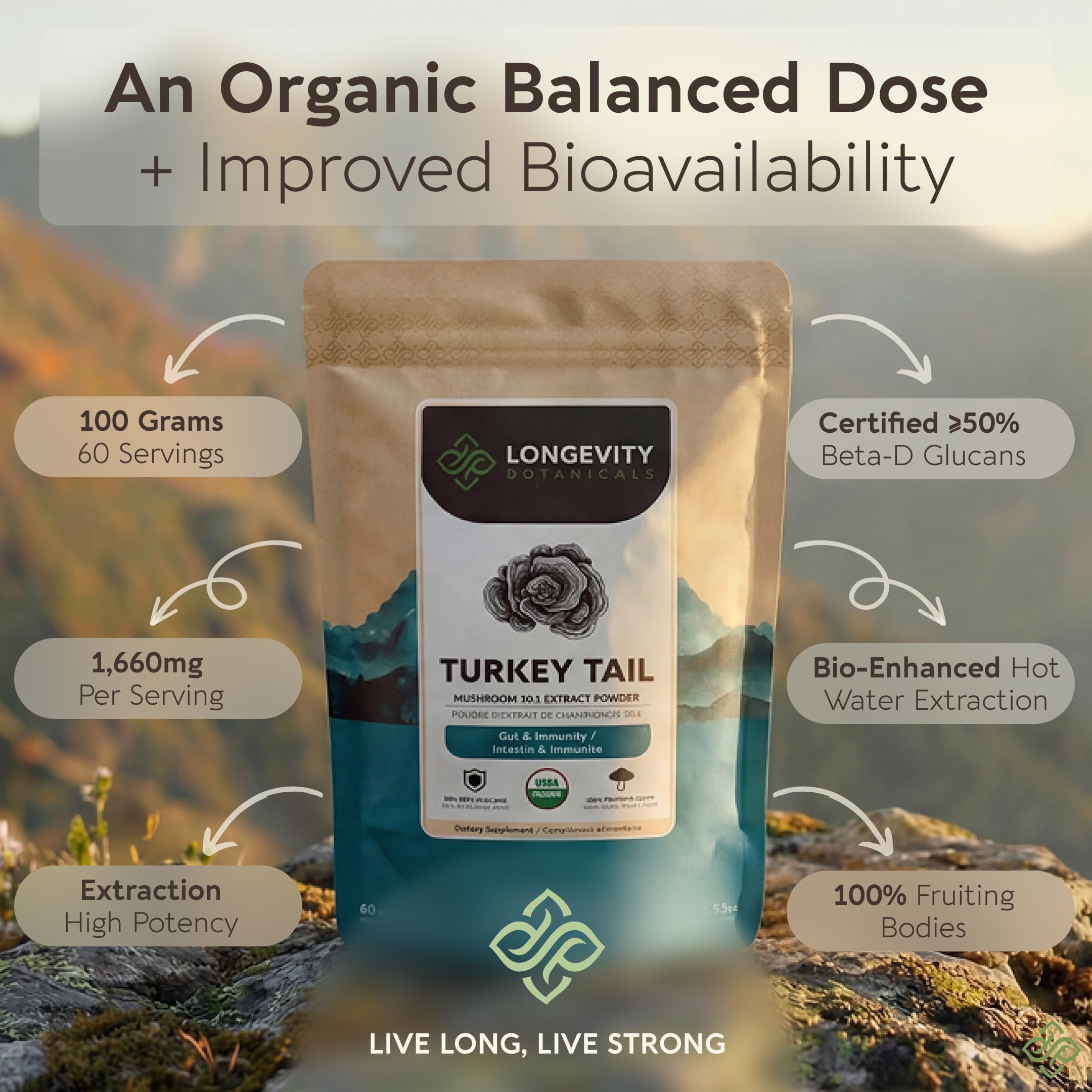Organic Turkey Tail Mushroom Powder Supplement Extract 100g | Trametes Versicolor Fruiting Body | ≥50% Beta-D-Glucans | 60 Servings of 1,660mg | Supports Immune & Digestive Wellness — Amazon image 4