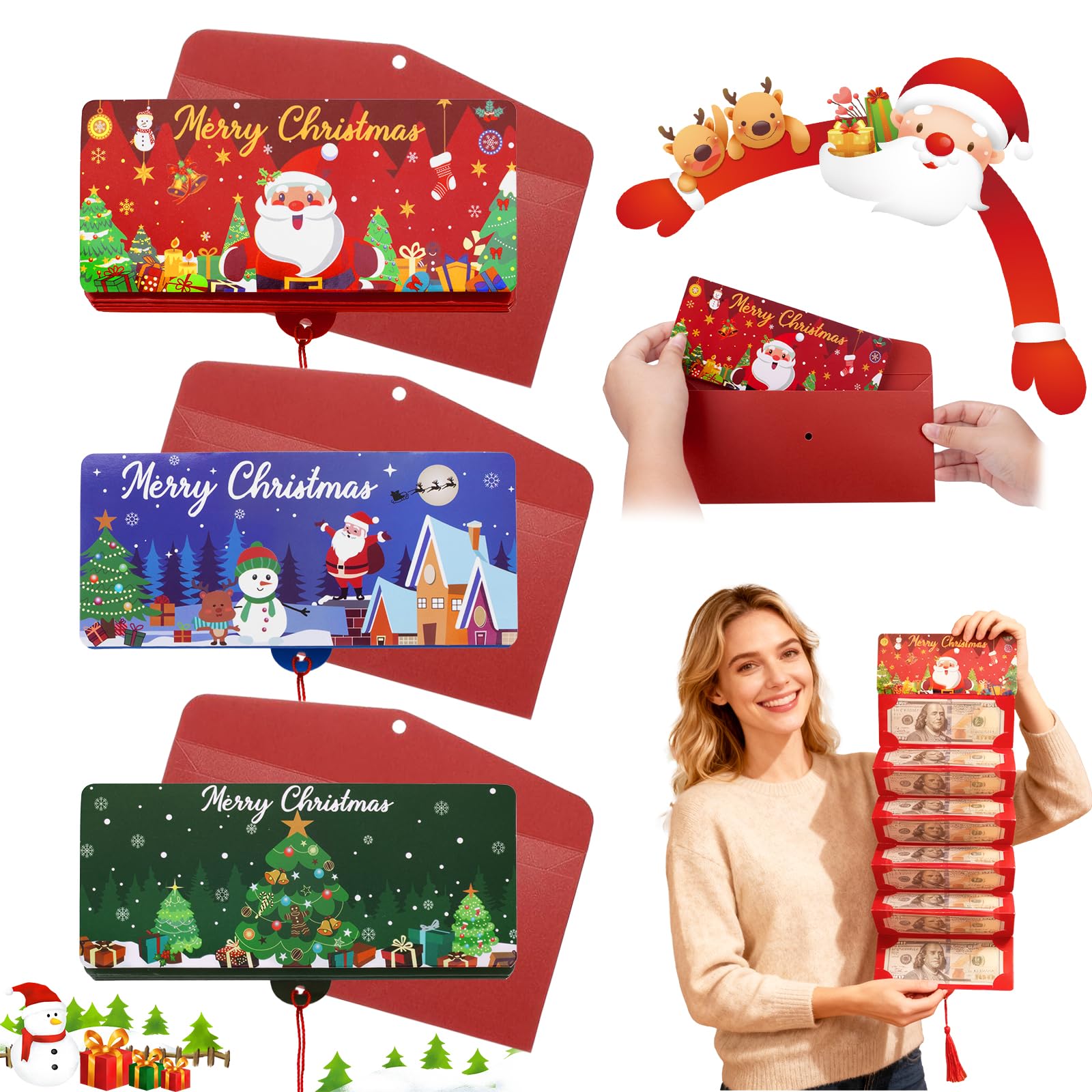 Christmas Money Wallets, Santa Surprise Cash Envelope, 10 Slots Surprise Xmas Card Holder, 3pcs Christmas Card Holder with Envelop, for Holiday Party Supplies, for Family Friends (Red+Green+Blue)