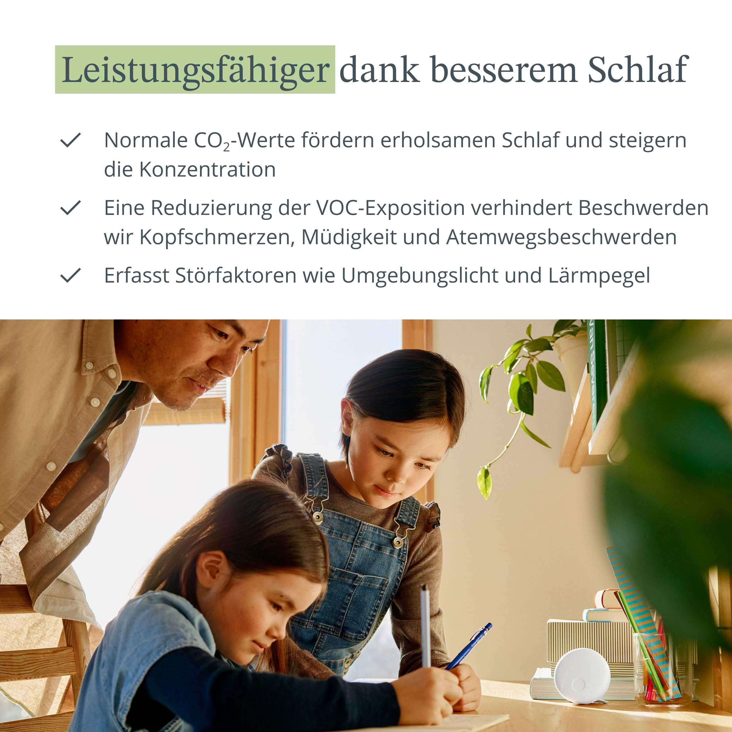 Airthings 321 Wave Enhance – Kompakter Raumluftqualitätsmonitor (CO2, VOC, Luftfeuchtigkeit, Temperatur, Druck sowie Umgebungsgeräusch- und Lichtsensoren) für Schlaf- und Arbeitszimmer