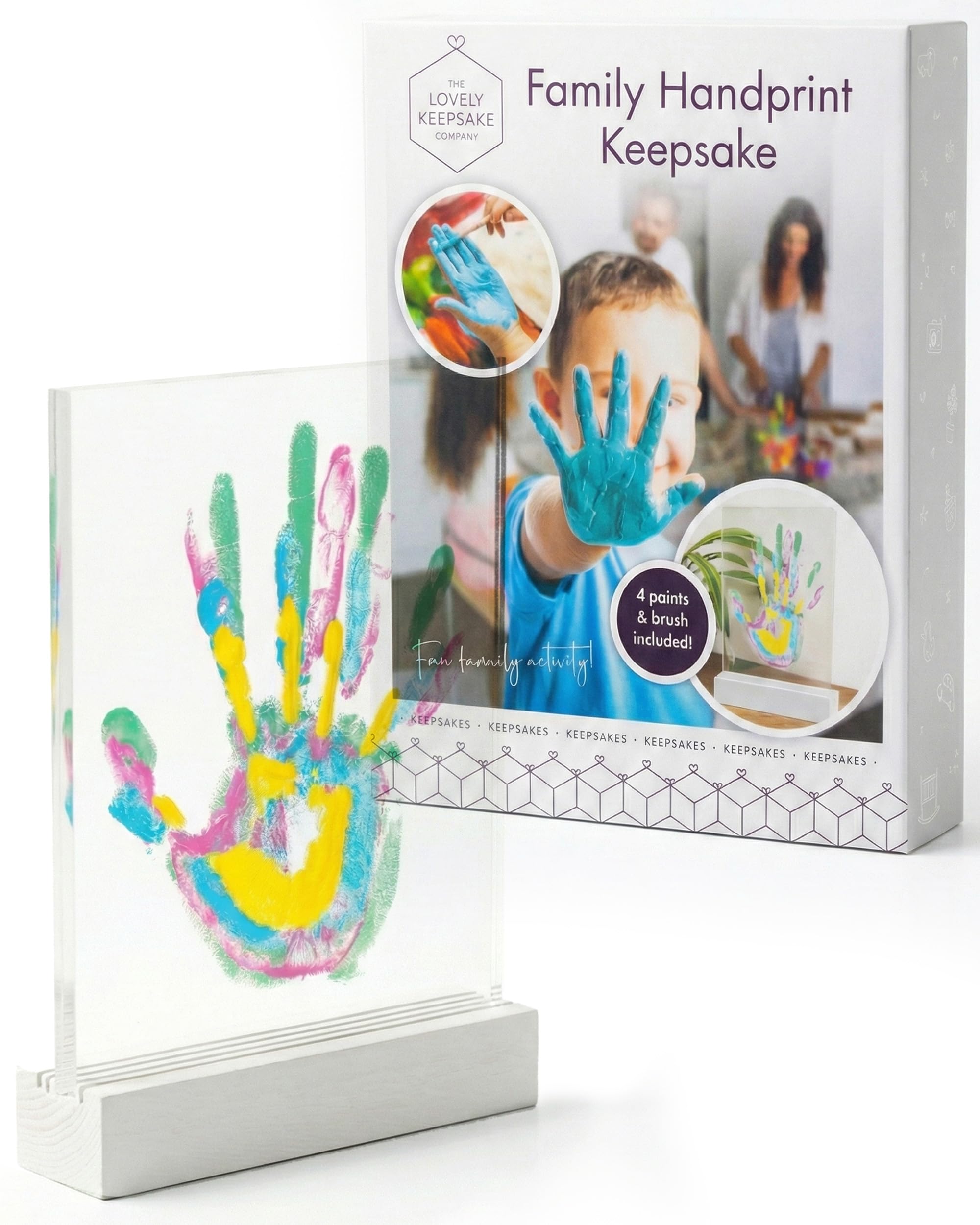 The Lovely Keepsake Company Parents & Baby Footprint Kit & Handprint Kit Paint Set – Layered Display With Wooden Base & 4 Acrylic Sheets – Gift & Fun Family Activity