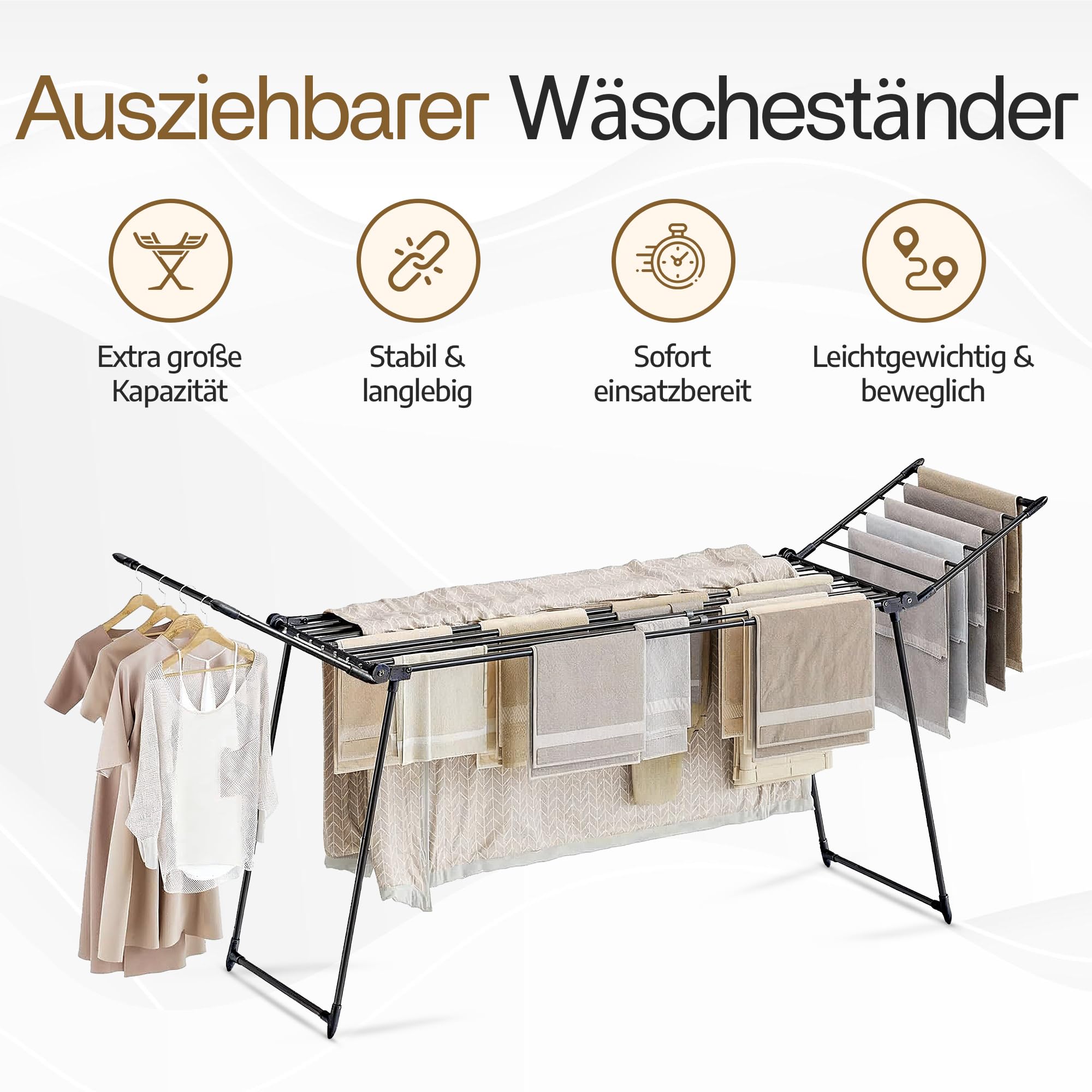 Meisterhome® Wäscheständer Schwarz – Ausziehbar & Klappbar – 25 m Trockenlänge – Stabiler Wäscheständer aus Carbonstahl – Extra Groß, Platzsparend & Belastbar bis 30 kg