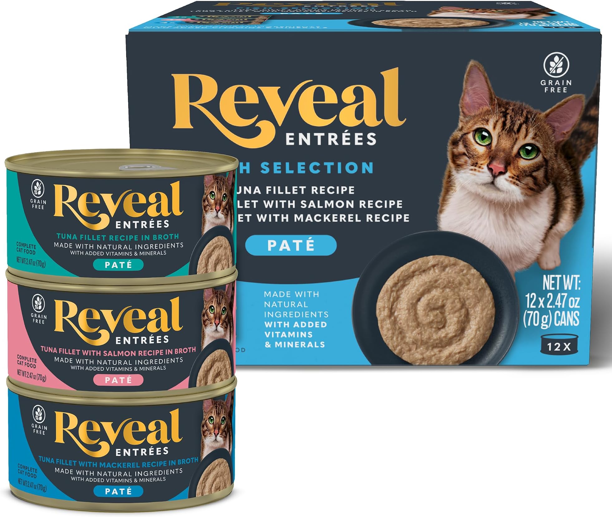 Entrées Natural Wet Cat Food Paté, Grain-Free with Added Vitamins & Minerals, Carrageenan-Free and High Protein, Fish Variety Selection Paté (12 x 2.47 oz Cans)