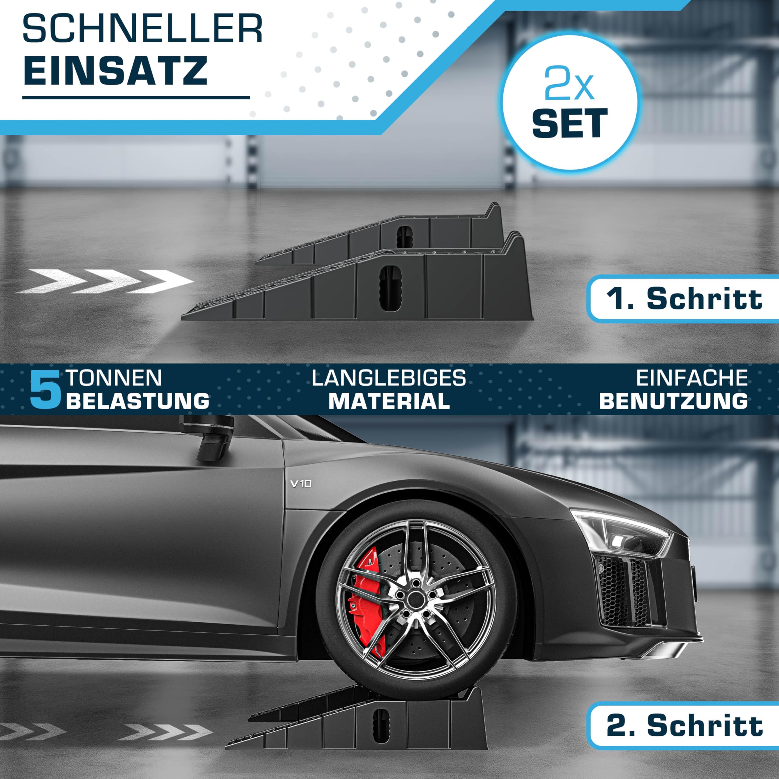 Auffahrrampe PKW 2er Set | Hochbelastbare Auto Rampe bis 5 T | Auffahrhilfe & Einfahrt Rampe rutschfest für Wohnmobil, Anhänger, Garage, Werkstatt, Ölwechsel und Reparatur