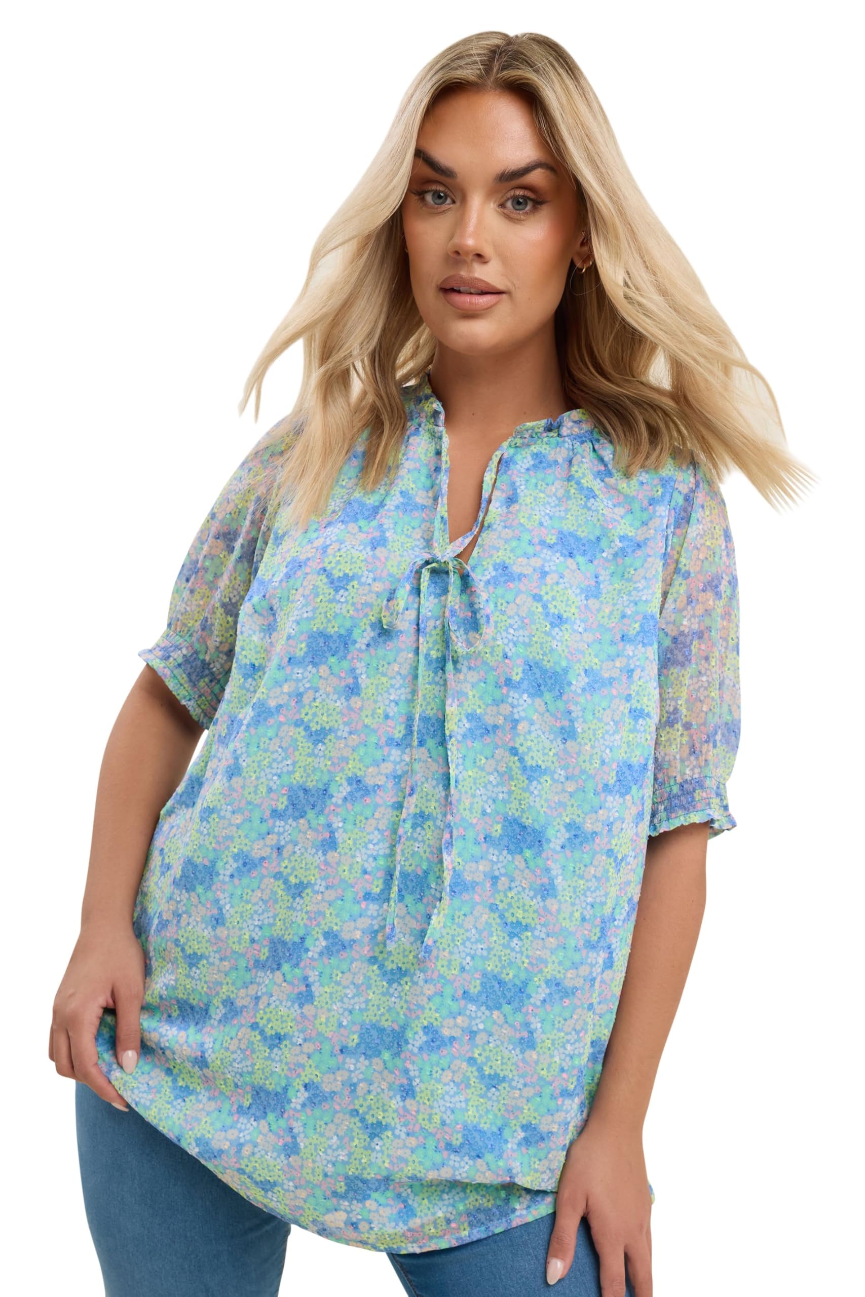 Yours Floral Print Tie Front Blouse - Blue - Size 20