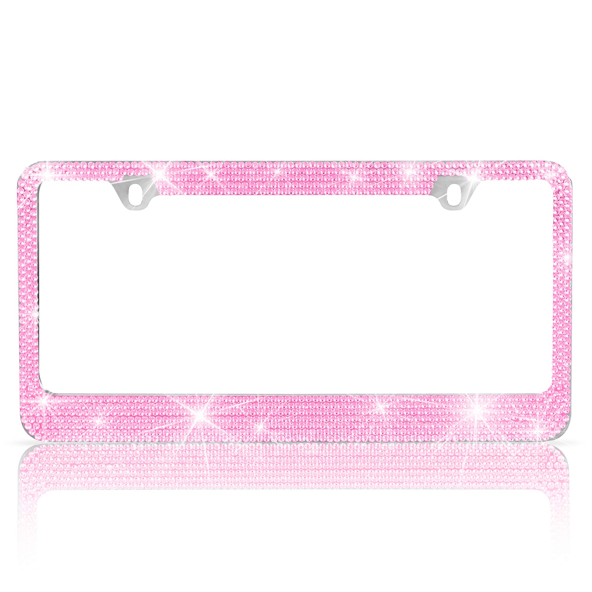 BDKBDK Stainless Steel Pink Sparkly Sparkling Diamond Crystal Bling Premium License Plate Frame Metal Silver Rhinestone for Women Universal Size for Car Truck SUV