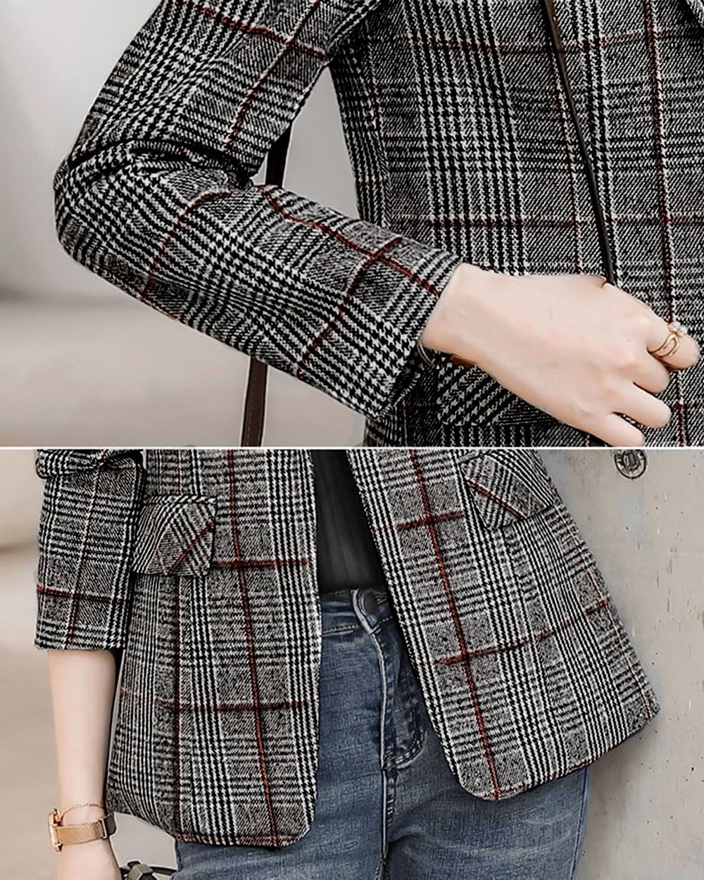 ebossy Women's Notch Lapel 2 Button Boyfriend Blazer Suit Houndstooth Plaid Jacket Coat - Image 4