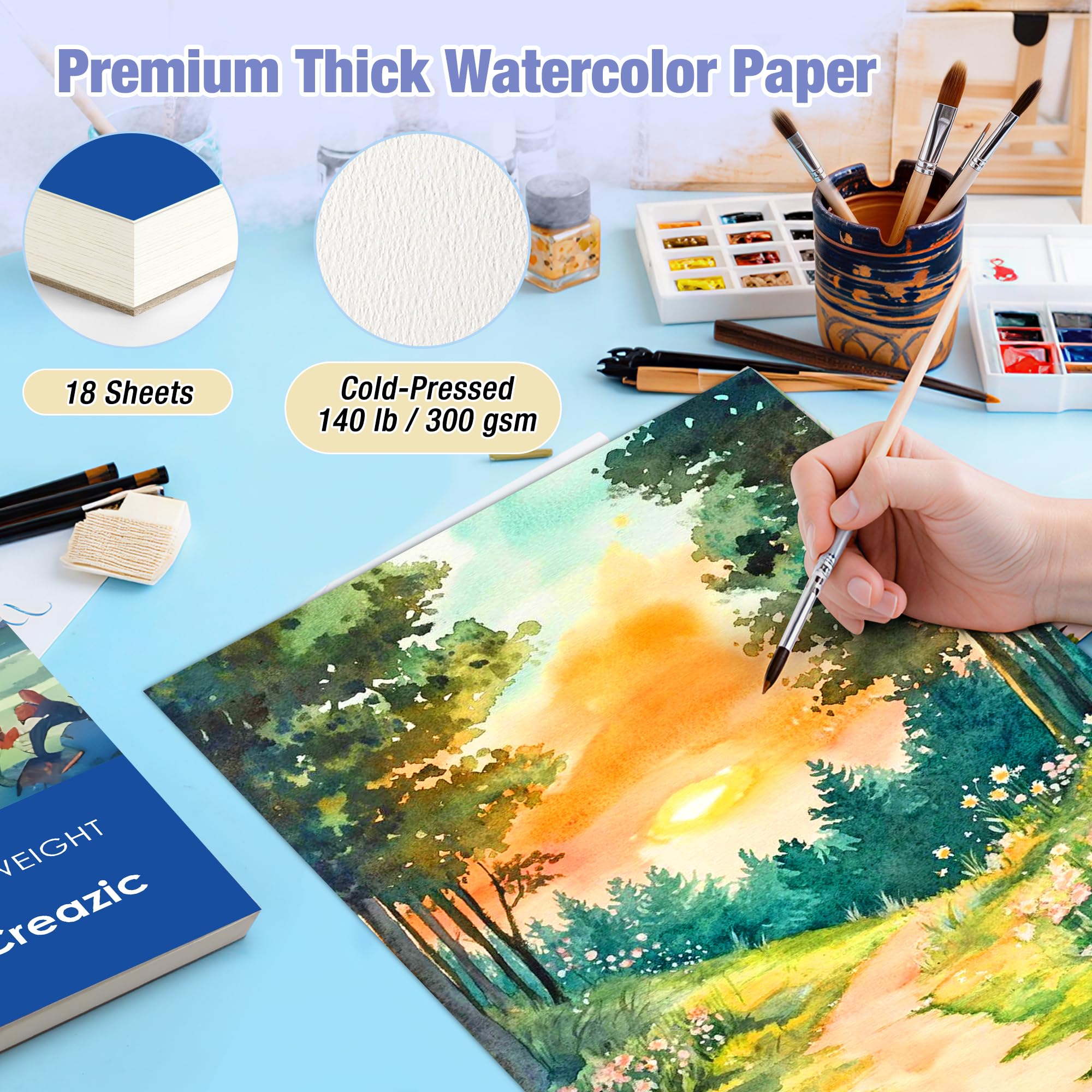 Creazic Aquarellpapierblock, 22,9 x 30,5 cm, 63,5 kg/300 g/m², säurefreies, kaltgepresstes, schweres Aquarellpapier, Künstler-Skizzenbuch für Erwachsene, Kinder und Anfänger, ideal für Aquarellfarben