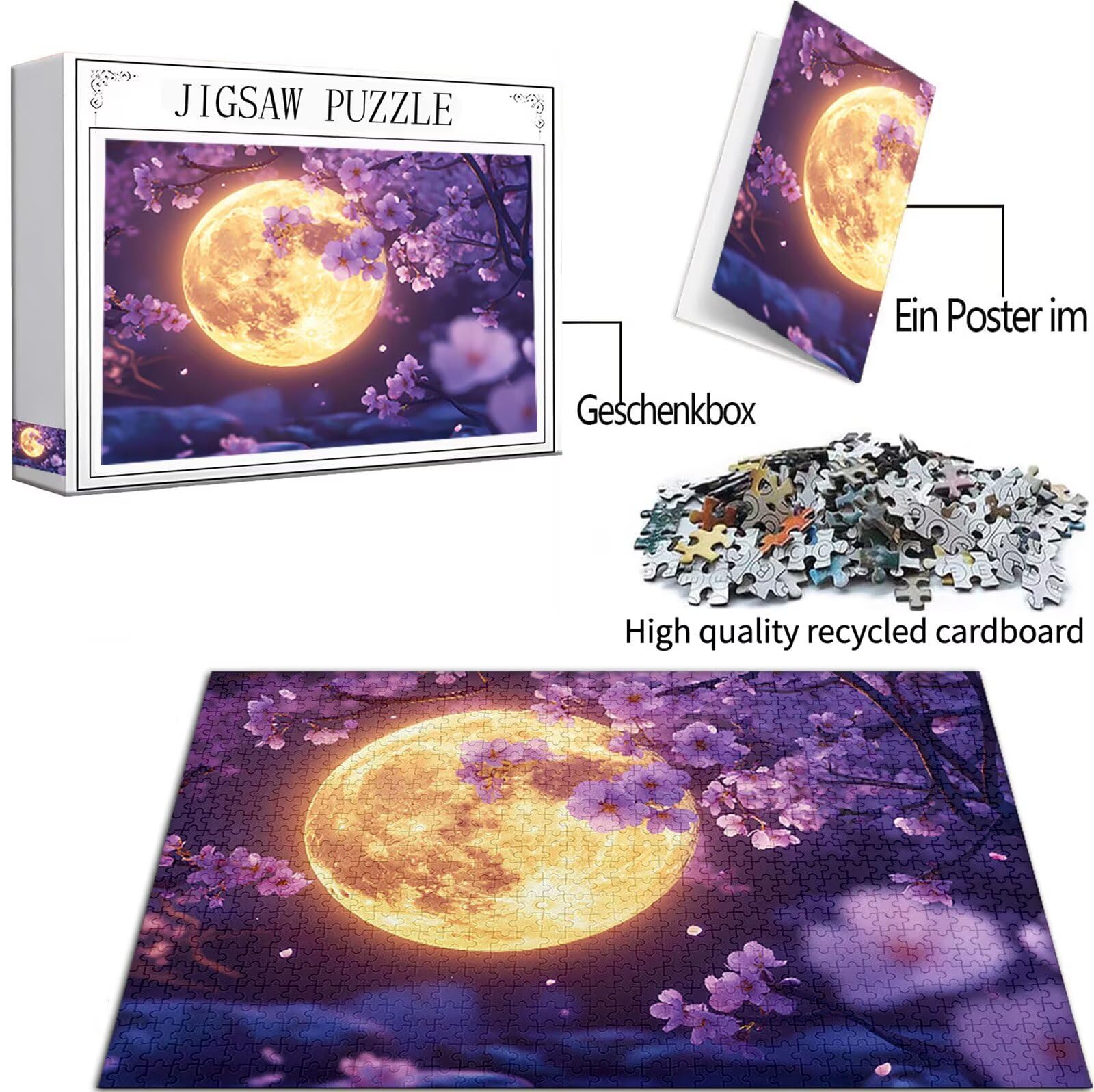 Kwiaty wiśni Puzzle 1000 sztuk dla dorosłych, Puzzle Księżyc Wzór Projekt, Jigsaw Dorosły, 5D DIY Rzemiosło Rodzina Zajęcia z Pakowaniem Pudełka, Dekoracja ścienna do domu, 75 x 50 cm, Model442