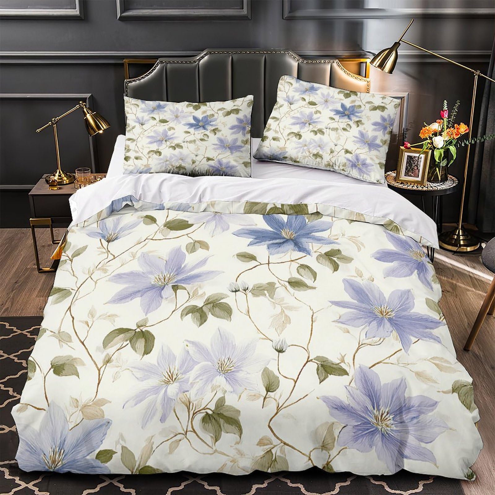 Parure de lit fleurs bleues 140x200cm avec housse de couette en microfibre imprimée 3D