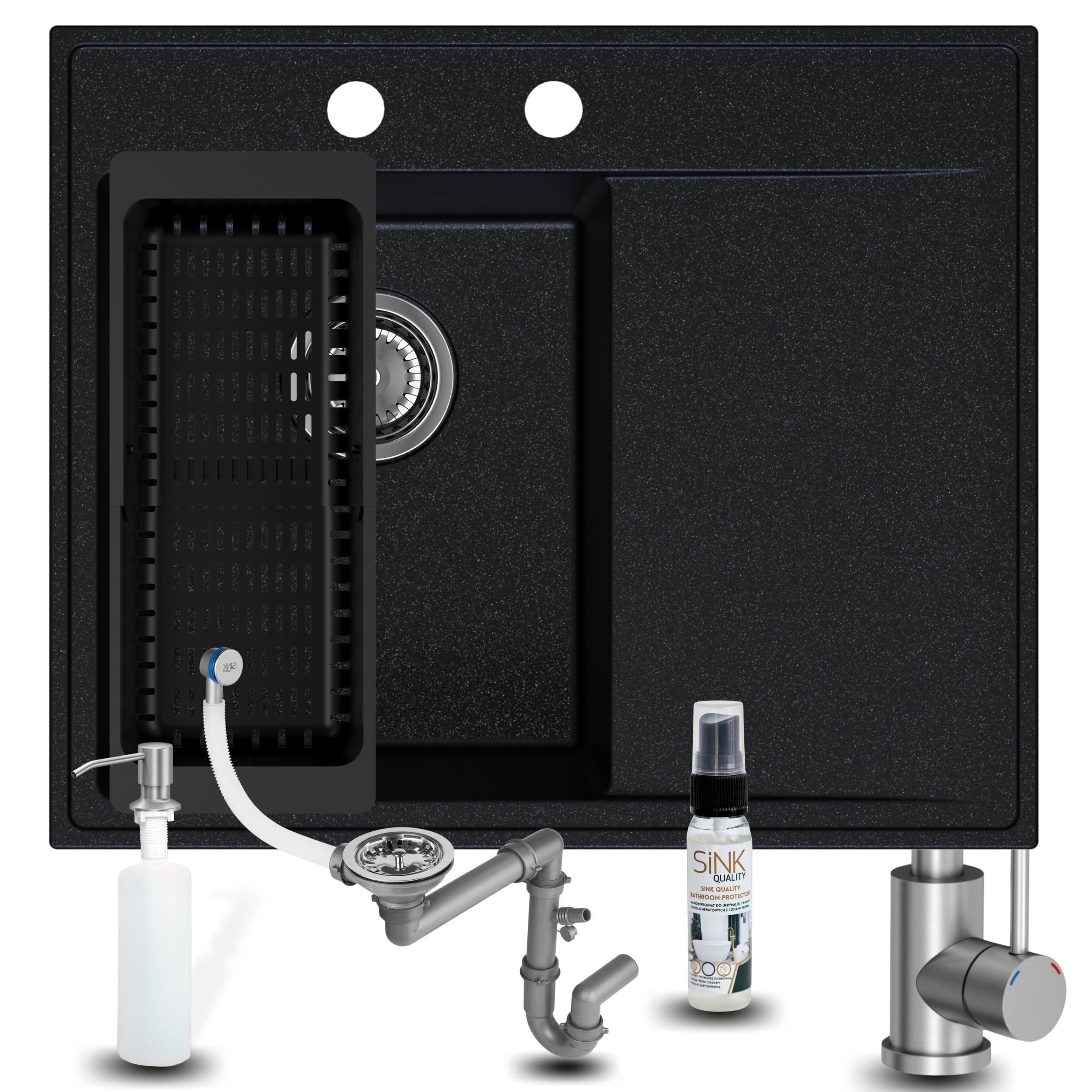 SINK QUALITY Spülbecken Komplettset mit Armatur 60x50 cm - Küchenspüle schwarz gesprenkelt mit Abtropffläche - Küchenarmatur, Seifenspender, Sieb, Siphon - Spüle links für 40er Unterschrank