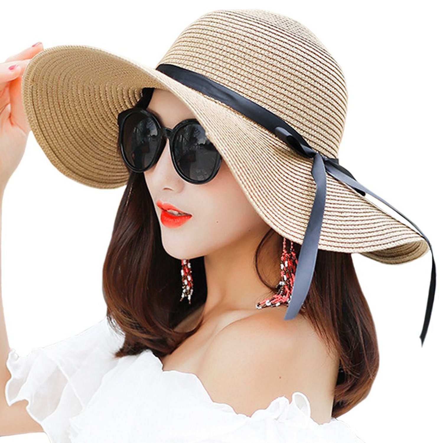 Fsstud Women's Khaki Foldable Summer Sun Hats Floppy Straw Hat Beach Hat Wide Brimmed